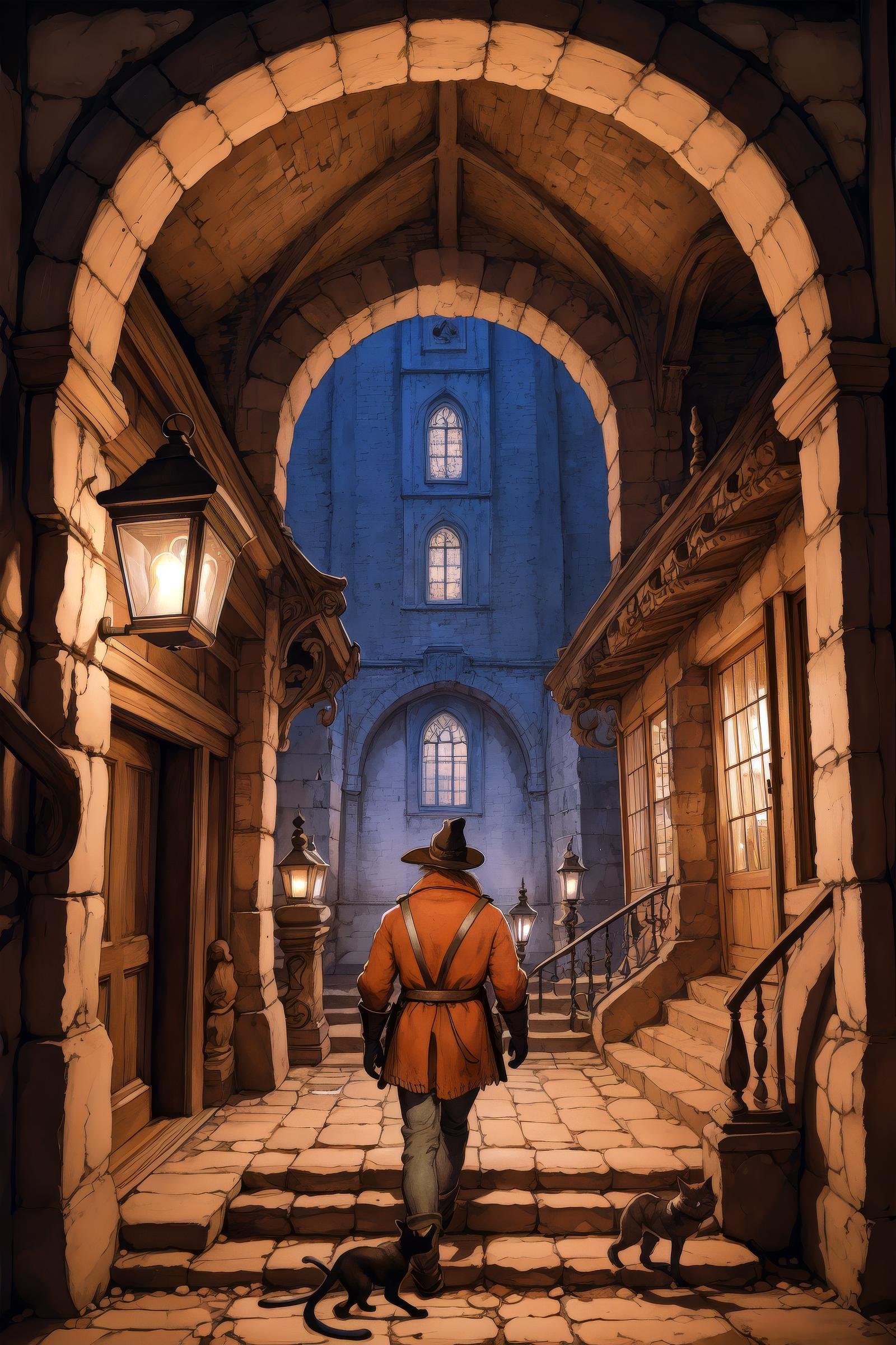 anton pieck style, traditional media, lantern, cat, hat, statue, door, stairs, original, bloodborne, scenery, arch, artist name, 1boy, walking, gloves, lamp, ambiguous gender, animal, pixiv fantasia, window <lora:SD15_Anton_Pieck_Style_V2:1>