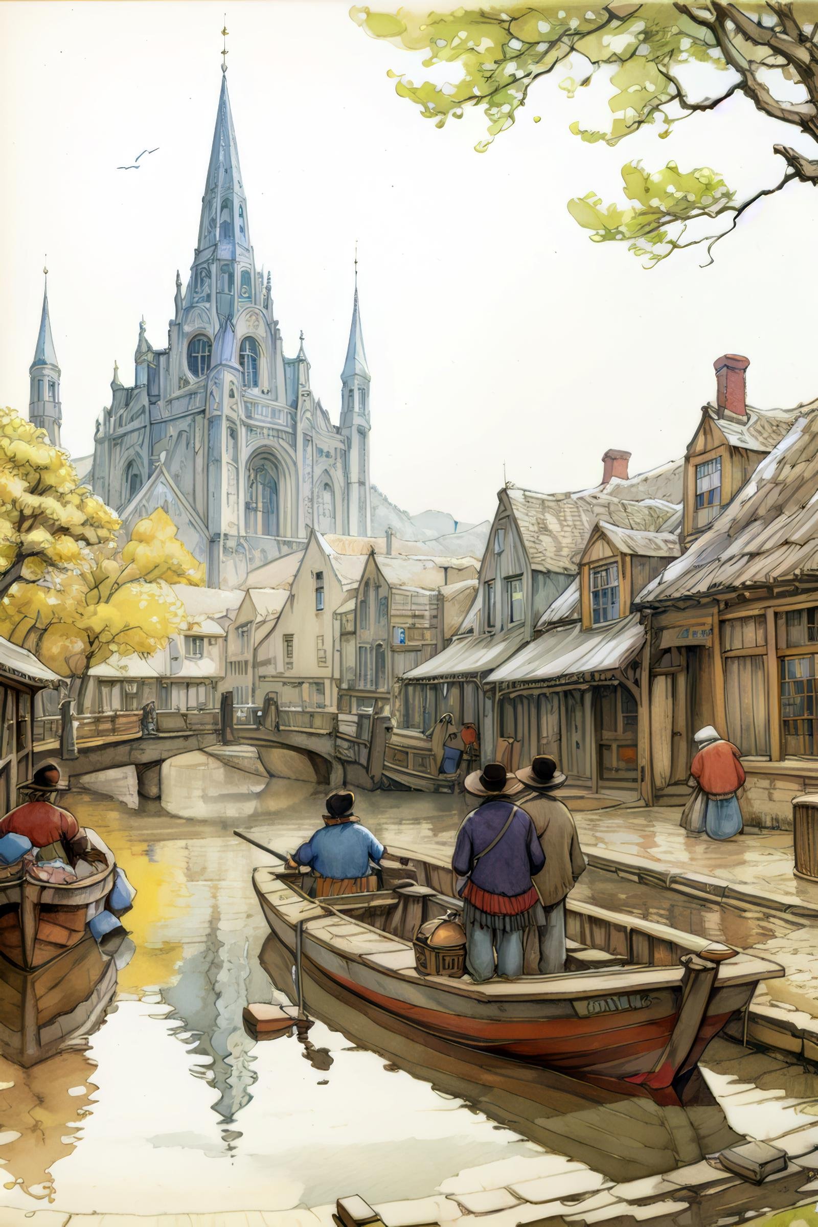 anton pieck style, watercraft, boat, traditional media, photoshop (medium), scenery, painting (medium), original, water, 6+boys, watercolor (medium), tree, house, building, outdoors, town <lora:SD15_Anton_Pieck_Style_V2:1>