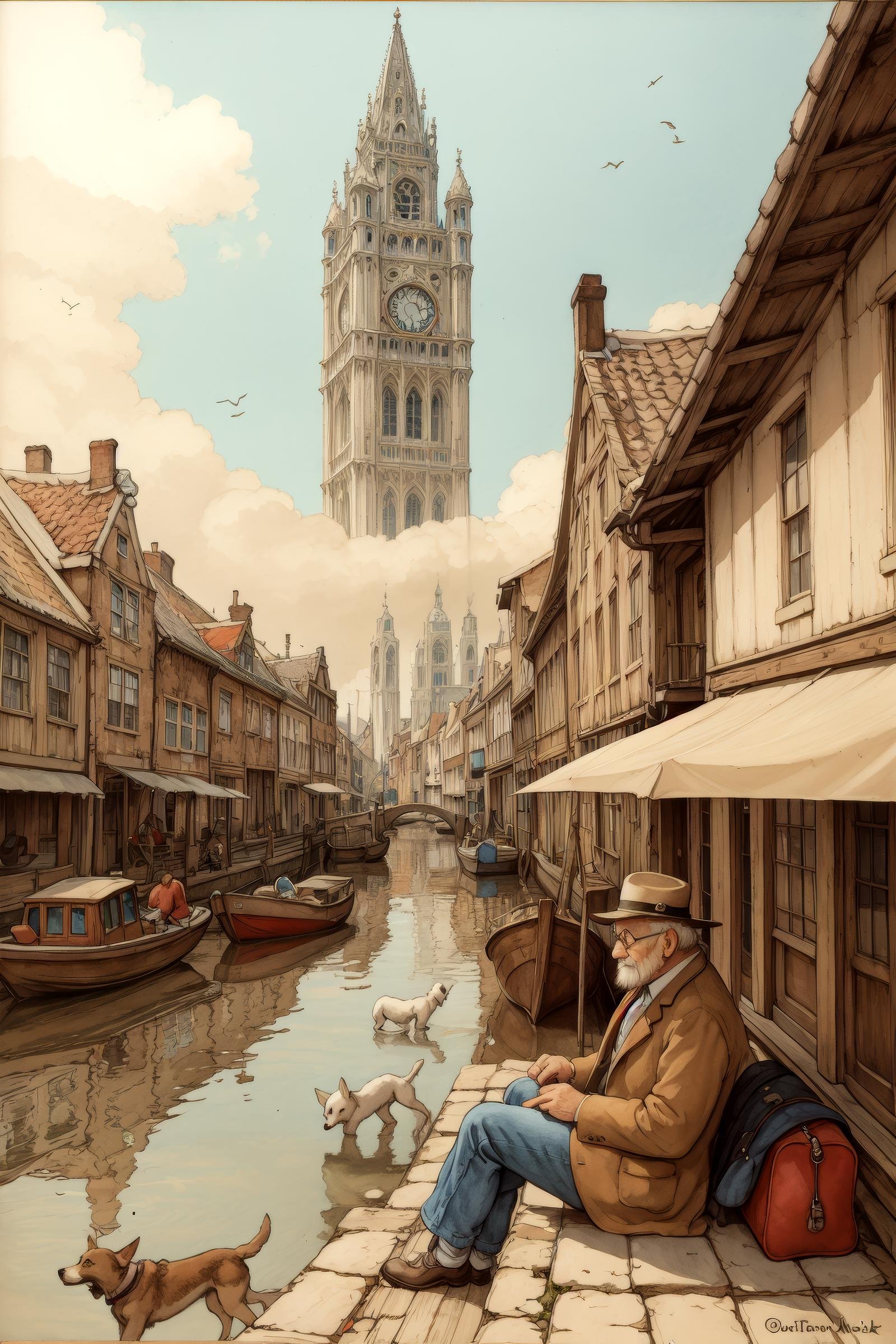 anton pieck style, multiple boys, 1girl, flag, town, long hair, original, building, dog, ponytail, watercraft, outdoors, smoke, photoshop (medium), scenery, boat, city, 6+boys, house, bag, traditional media, road, hat, bird, brown hair, sitting, 2boys, watermark, tower, artist name, banner, old man, bicycle, dated, street <lora:SD15_Anton_Pieck_Style_V2:1>