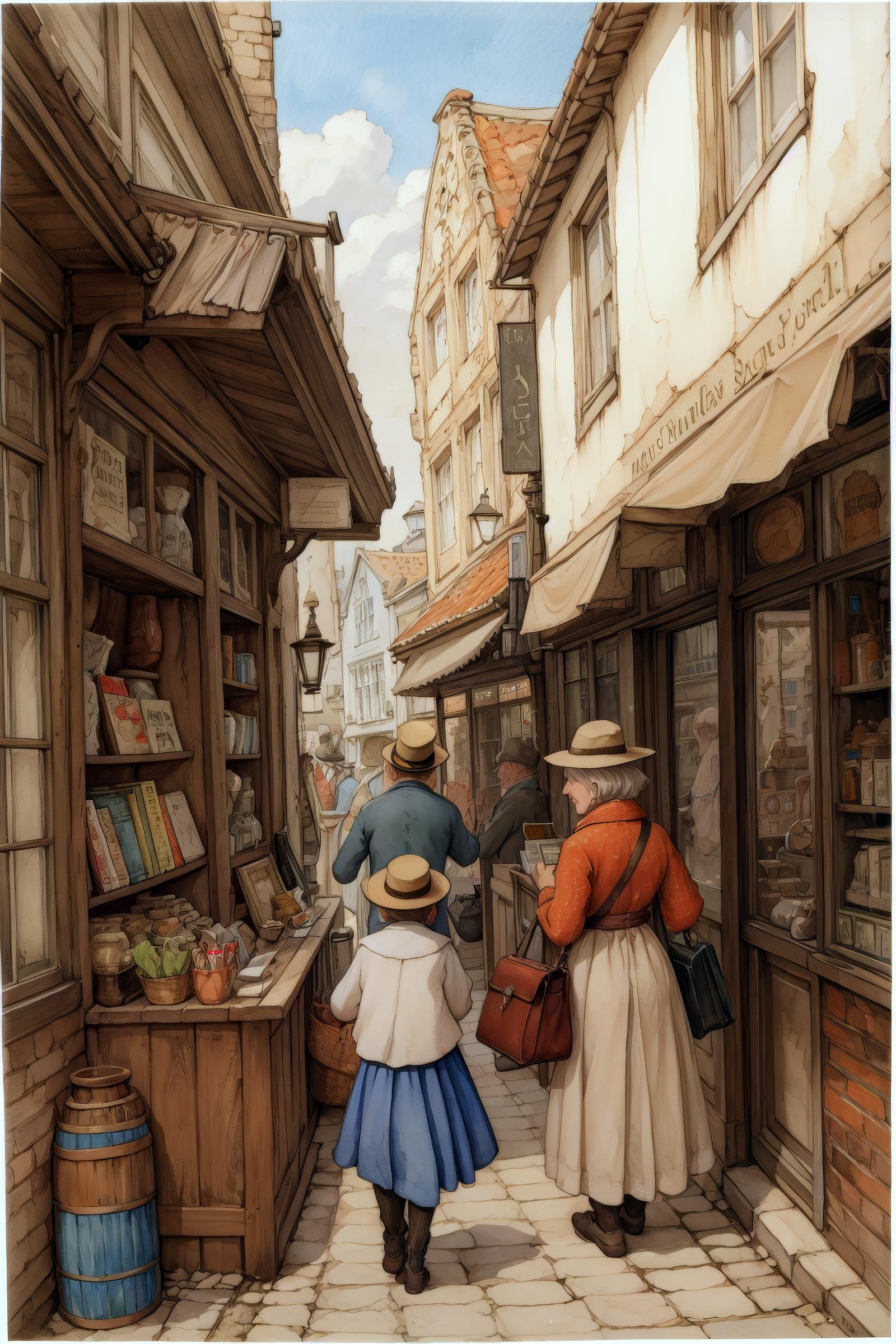 anton pieck style, multiple boys, hat, book, original, photoshop (medium), 1girl, traditional media, shop, old man, facial hair, painting (medium), multiple girls, town, 2girls, watercolor (medium), glasses, skirt, city, short hair, artist name, 6+boys, reading, brown hair, map, 5boys, bag, clock, paper, street <lora:SD15_Anton_Pieck_Style_V2:1>