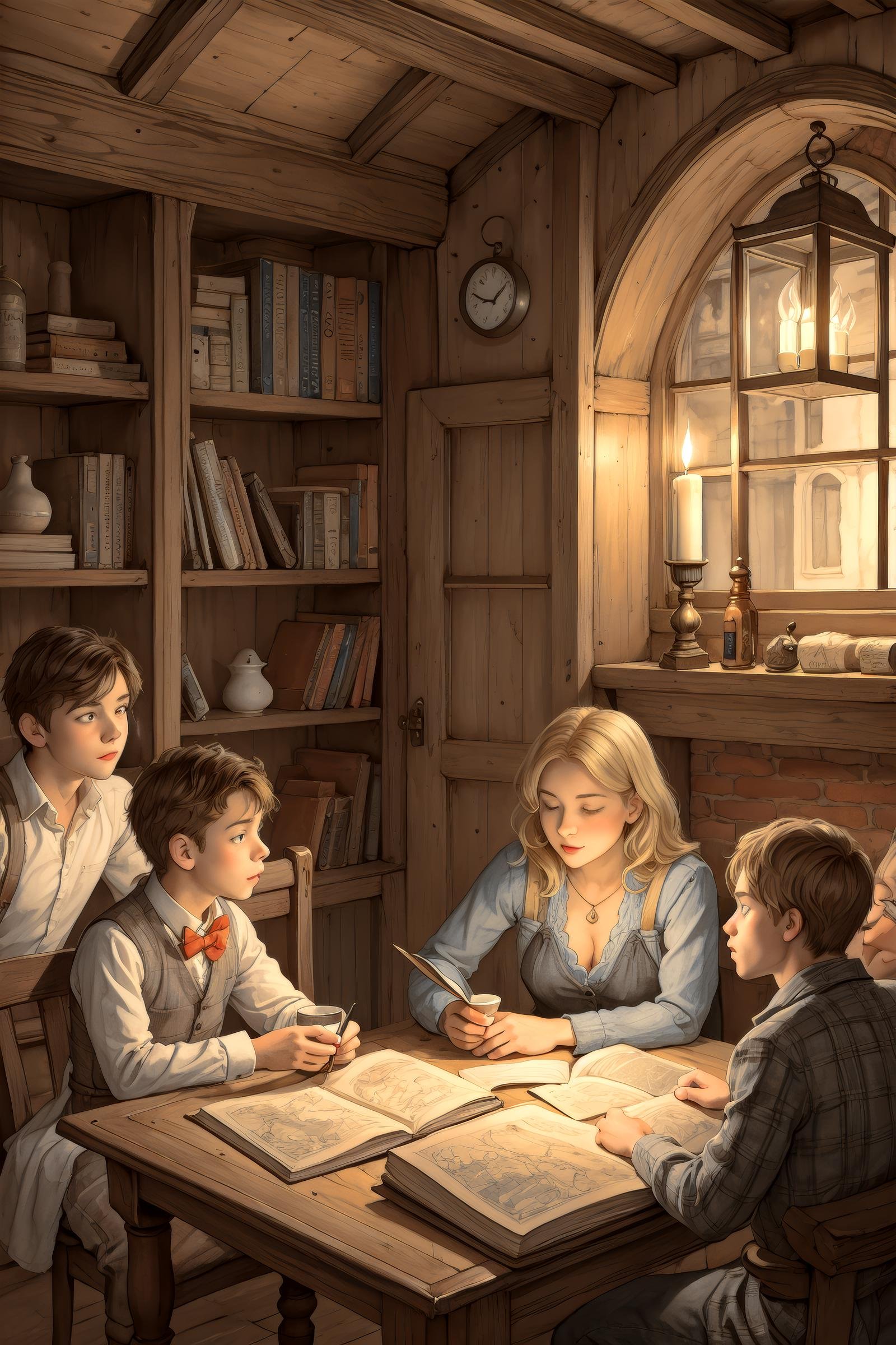 anton pieck style, multiple boys, traditional media, multiple girls, 6+boys, lamp, photoshop (medium), book, table, window, original, candle, painting (medium), indoors, graphite (medium), lantern, bottle, 6+girls, reading, blonde hair, cup, watercolor (medium), paper, clock, ladder, map <lora:SD15_Anton_Pieck_Style_V2:1>