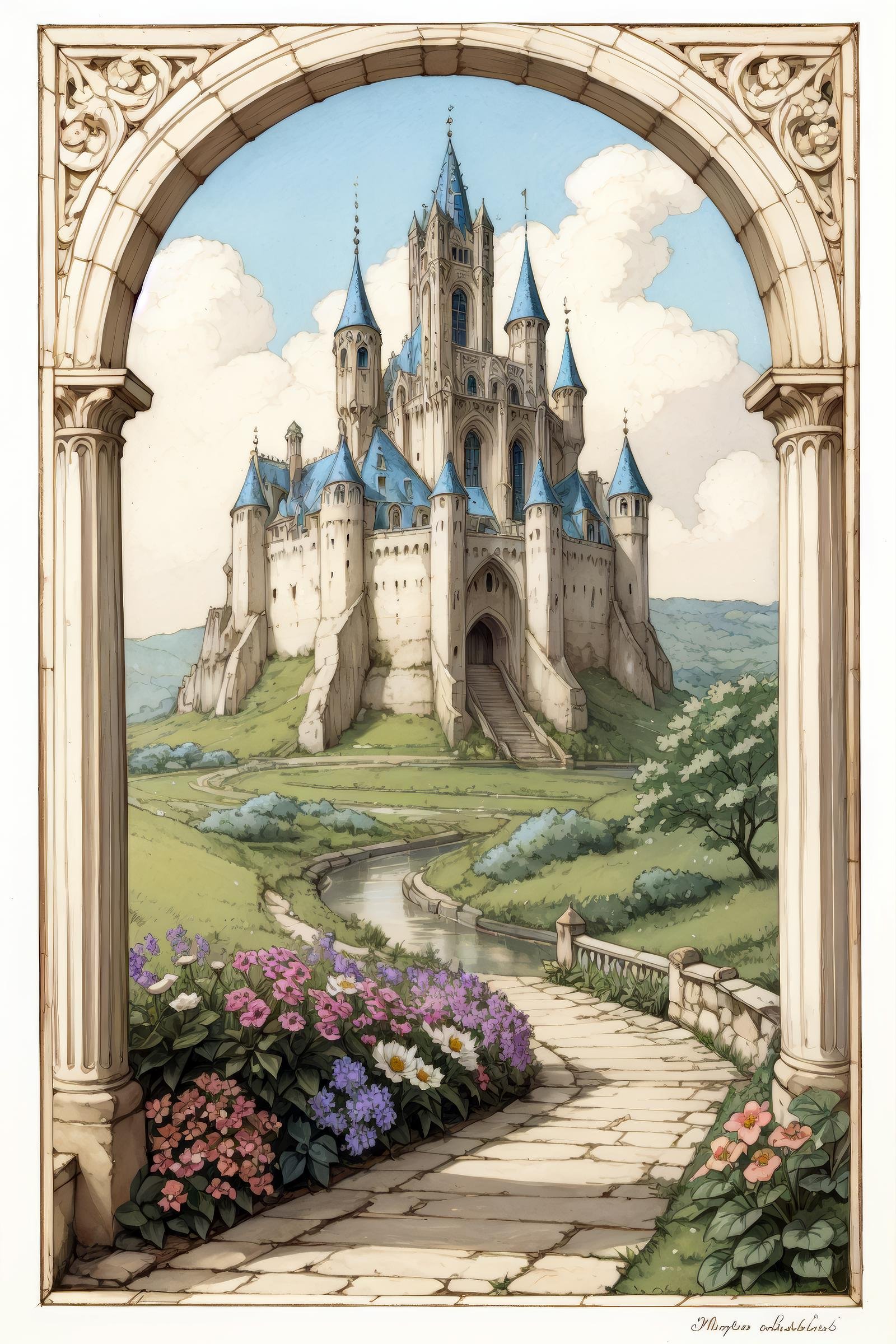 anton pieck style, flower, castle, scenery, tree, fairy tail, magic <lora:SD15_Anton_Pieck_Style_V2:1>