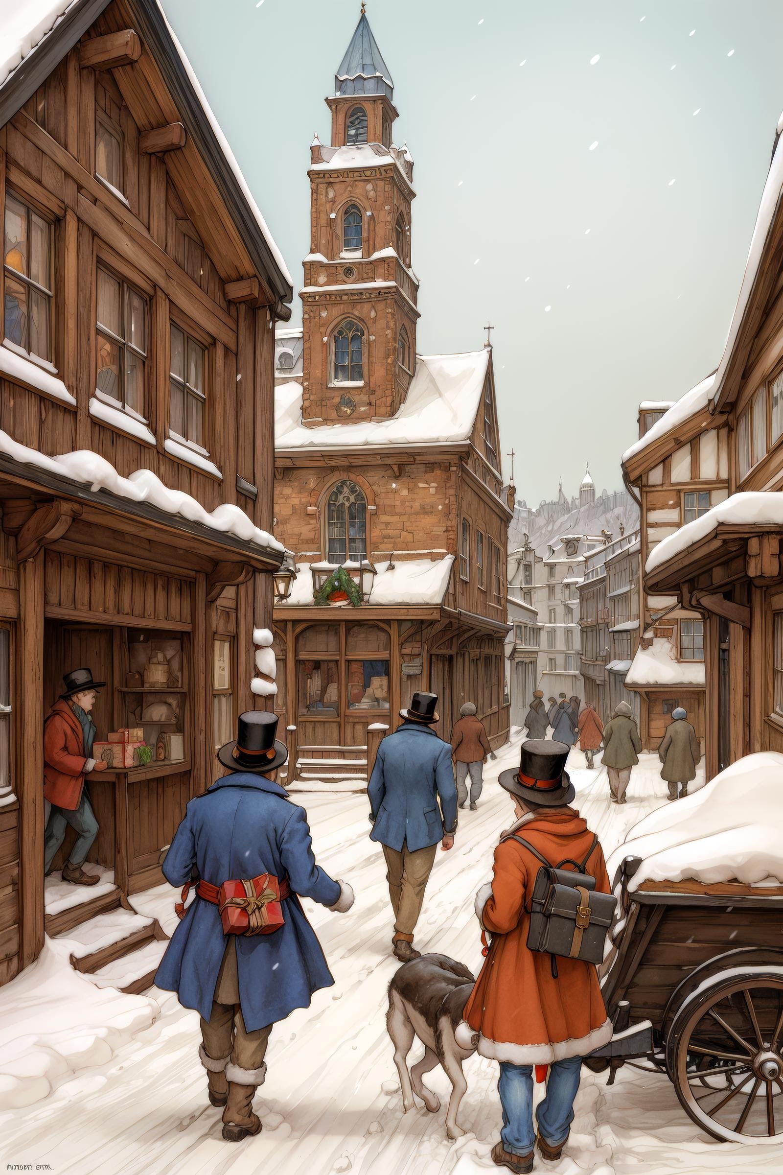 anton pieck style, multiple boys, top hat, one piece, 6+boys, town, church, cross, dog, traditional media, gift, snow, photoshop (medium), christmas, stairs, house, building, food, 5boys, motor vehicle <lora:SD15_Anton_Pieck_Style_V2:1>