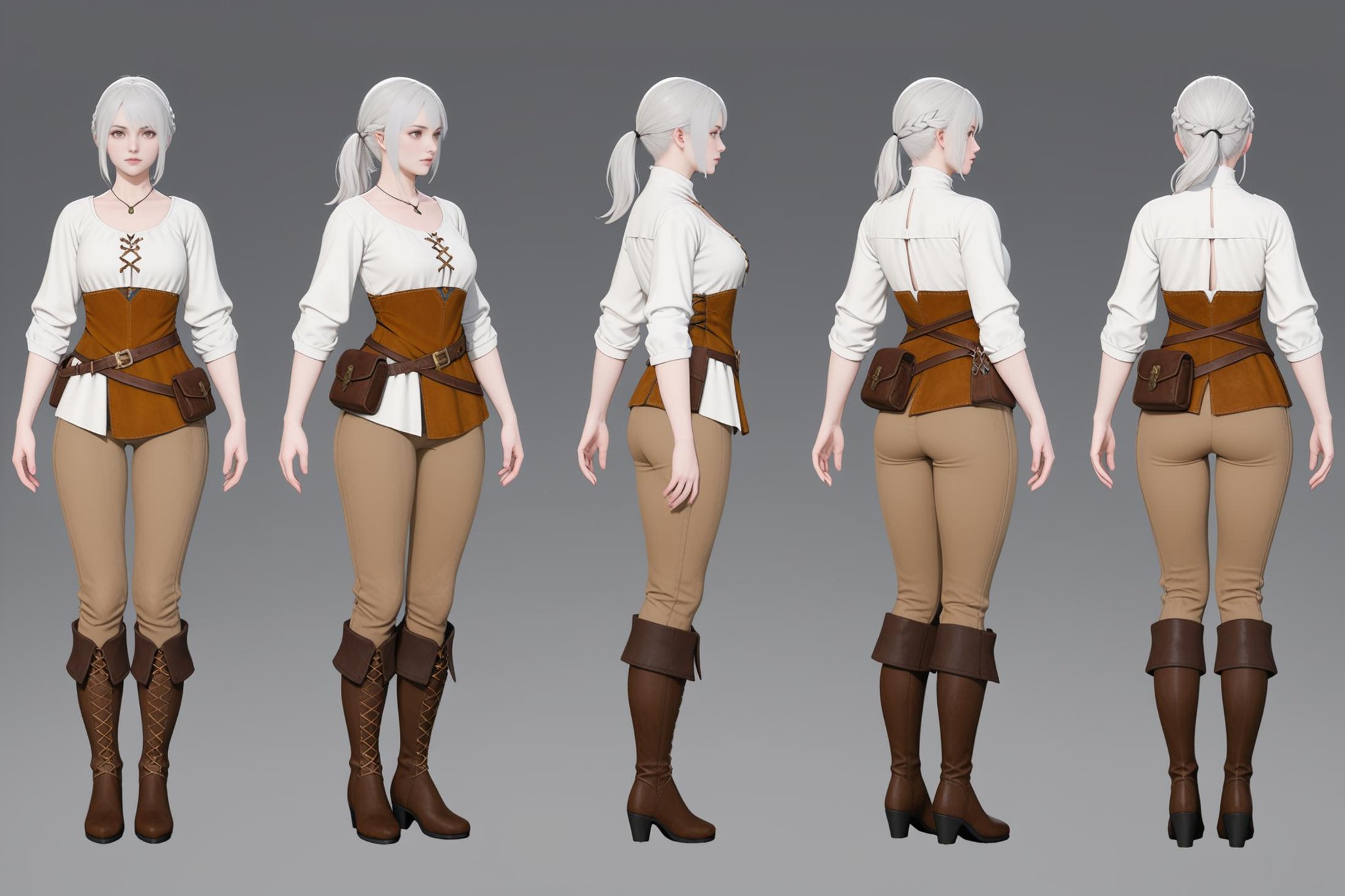 full body character turnaround of 1girl,  Multiple views of the same character in the same outfit,  simple background by C...