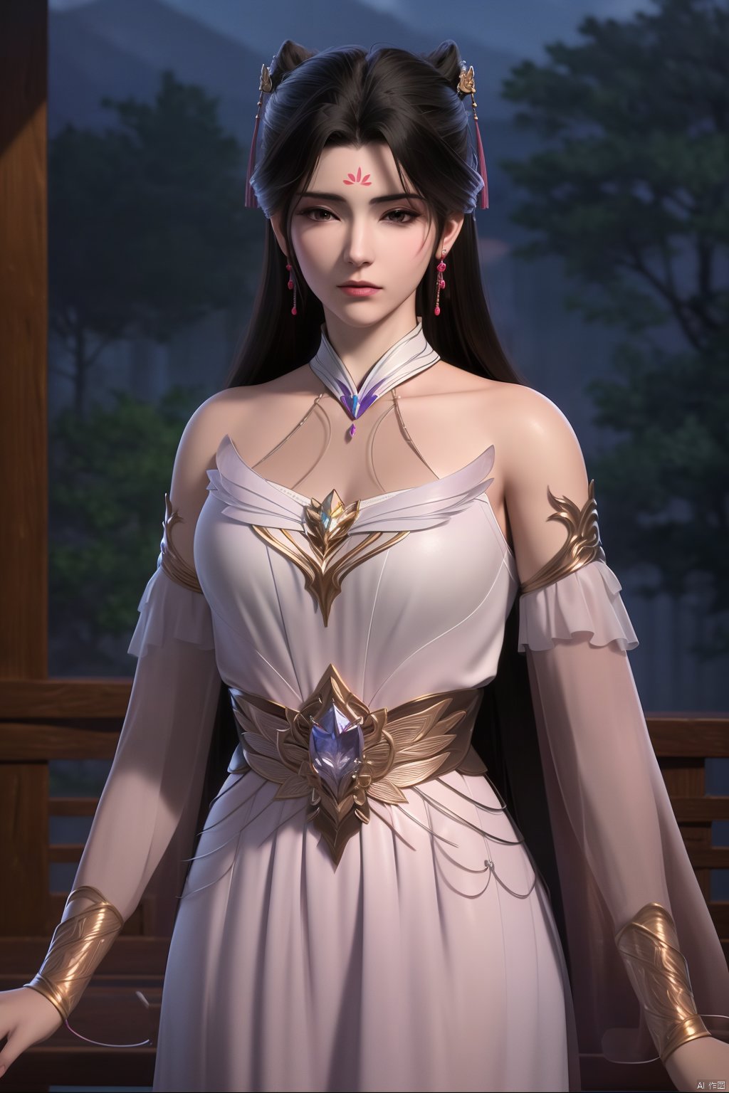  (8k, RAW photo, best quality, masterpiece:1.2), (realistic, photorealistic:1.3), ultra-detailed, extremely detailed cg 8k wallpaper, (crystalstexture skin:1.2), extremely delicate and beautiful,1girl,Facial markers, forehead markers,long hair,hair ornament,chinese clothes,dress,looking at viewer,cowboy shot,