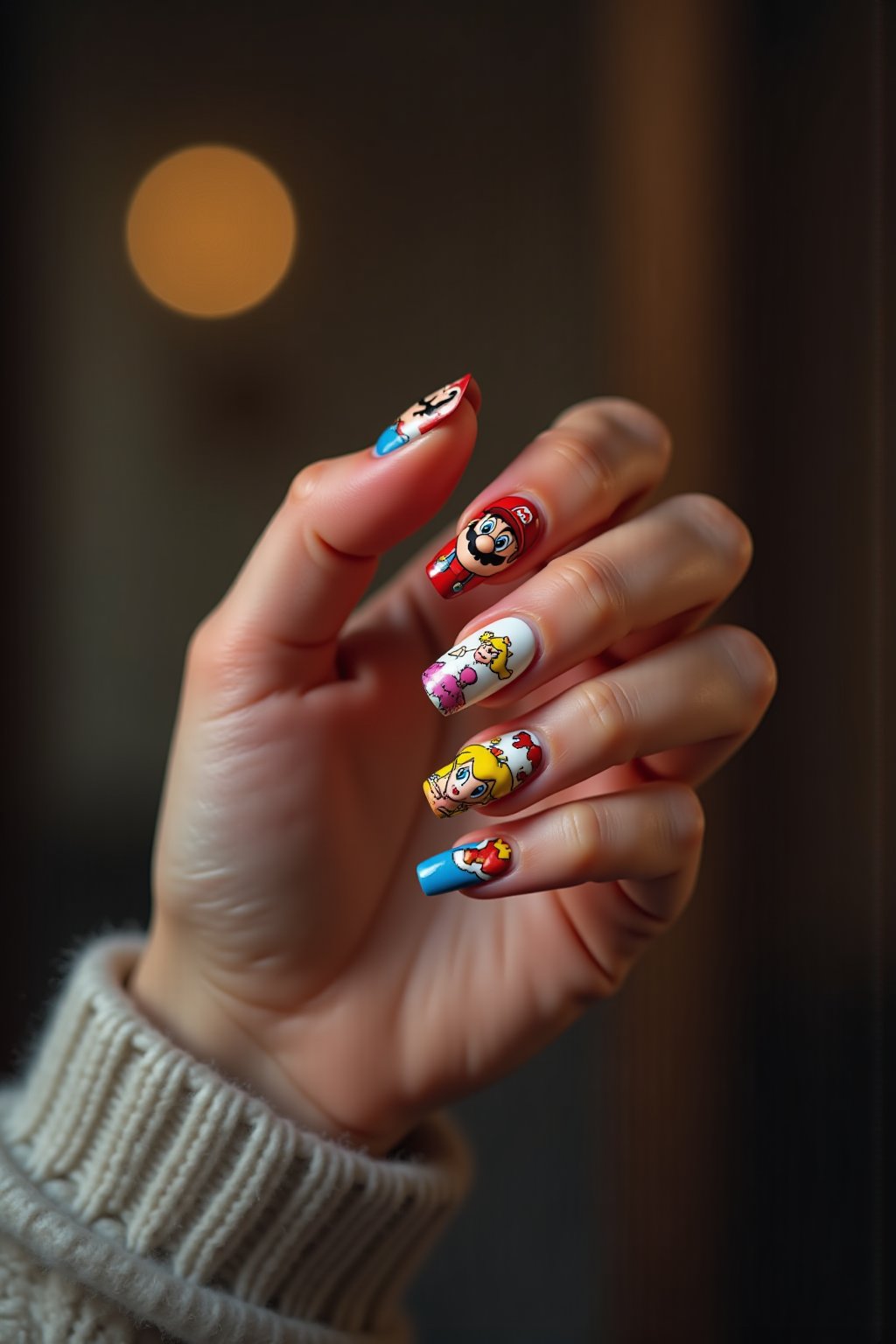  cinematic photograph of a womans hand with her fingers bent to show her nail art, the nail art is of Mario and Princess Peach kissing, bokeh background, sleeve of a knit sweater, 