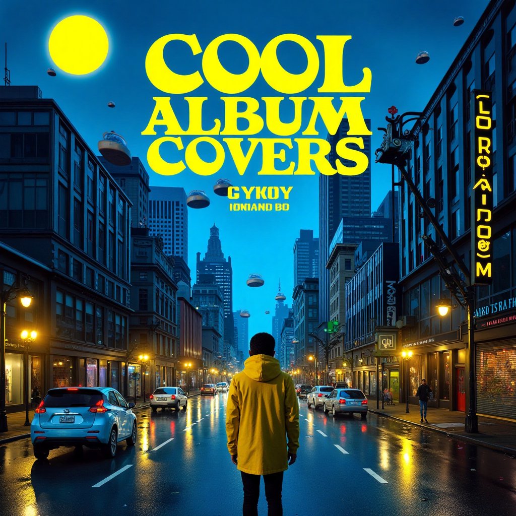 a cool album cover featuring a cityscape bathed in a blue and yellow theme,  with golden streetlights glowing against a de...