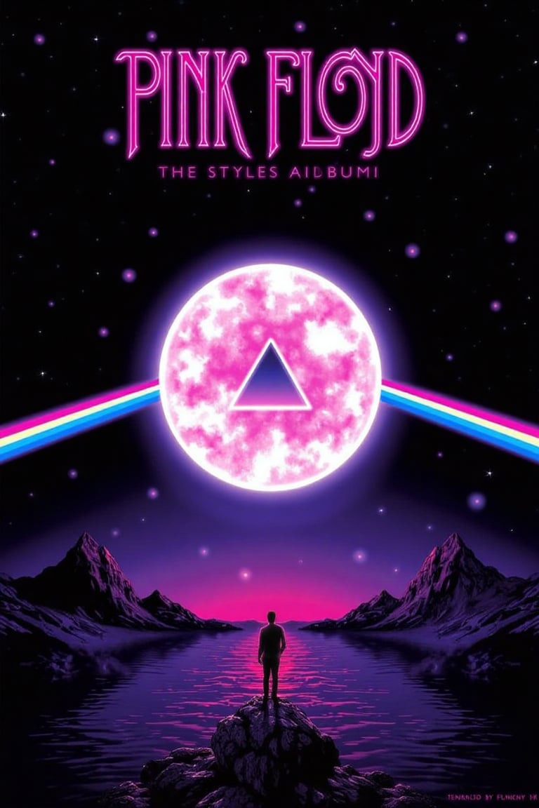 a vibrant album cover art in the style of pink floyd,  featuring a surreal landscape with a prism refracting light into a...