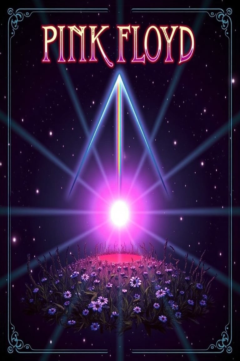 a vibrant album cover art in the style of pink floyd,  featuring a surreal landscape with a prism refracting light into a...