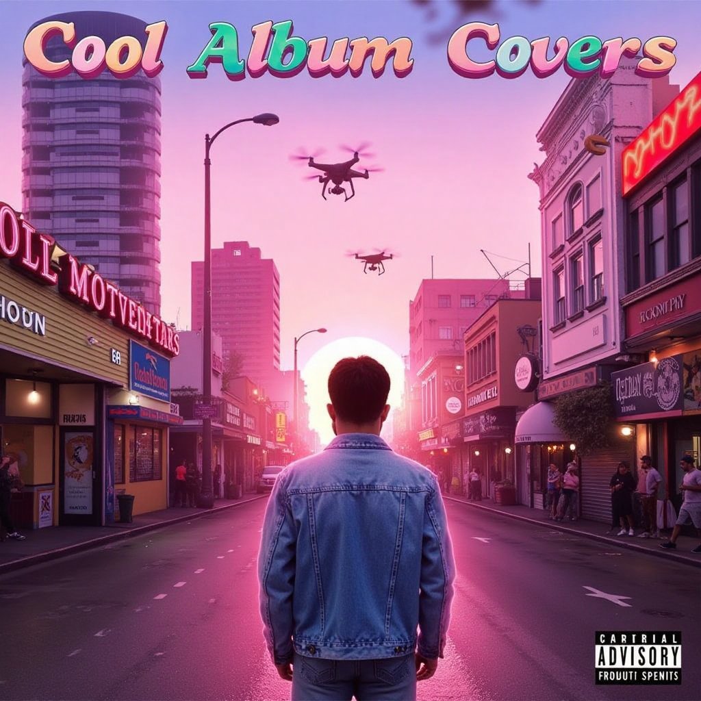 a cool album cover featuring a vibrant cityscape at dawn,  with pastel pink and orange hues reflecting on dry streets. The...