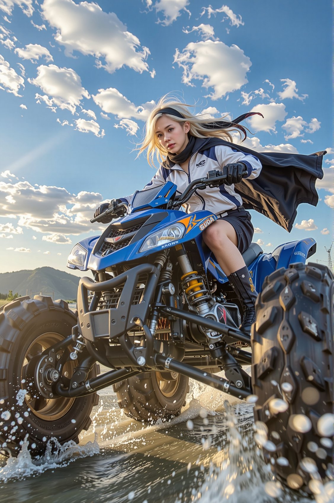 a realistic image of a low angle,  dynamic action tracking perspective that dramatizes the aggressive forward motion of th...