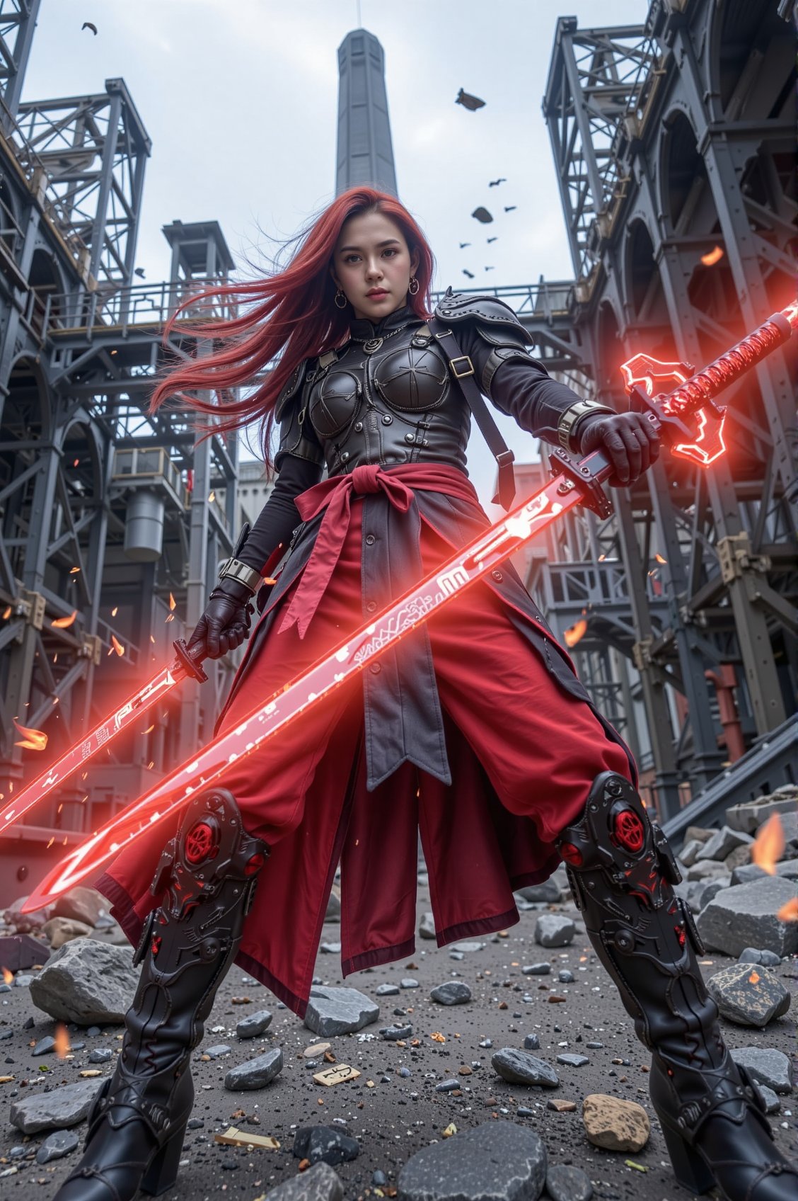 a realistic image of a vertical,  low-angle full-body shot with an upward perspective that underscores the imposing power...