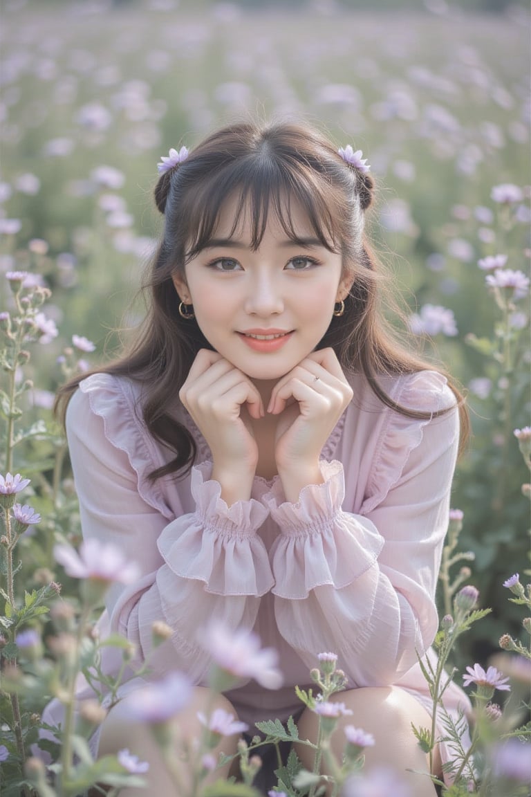 a realistic image of a young East Asian woman with long,  straight dark brown hair and soft wispy bangs is captured from a...