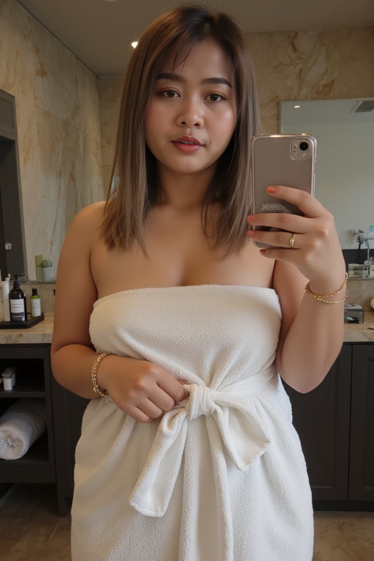 A hyper-realistic mirror selfie photograph of an adult woman,  zuya,  standing in a luxurious marble bathroom. She has a s...