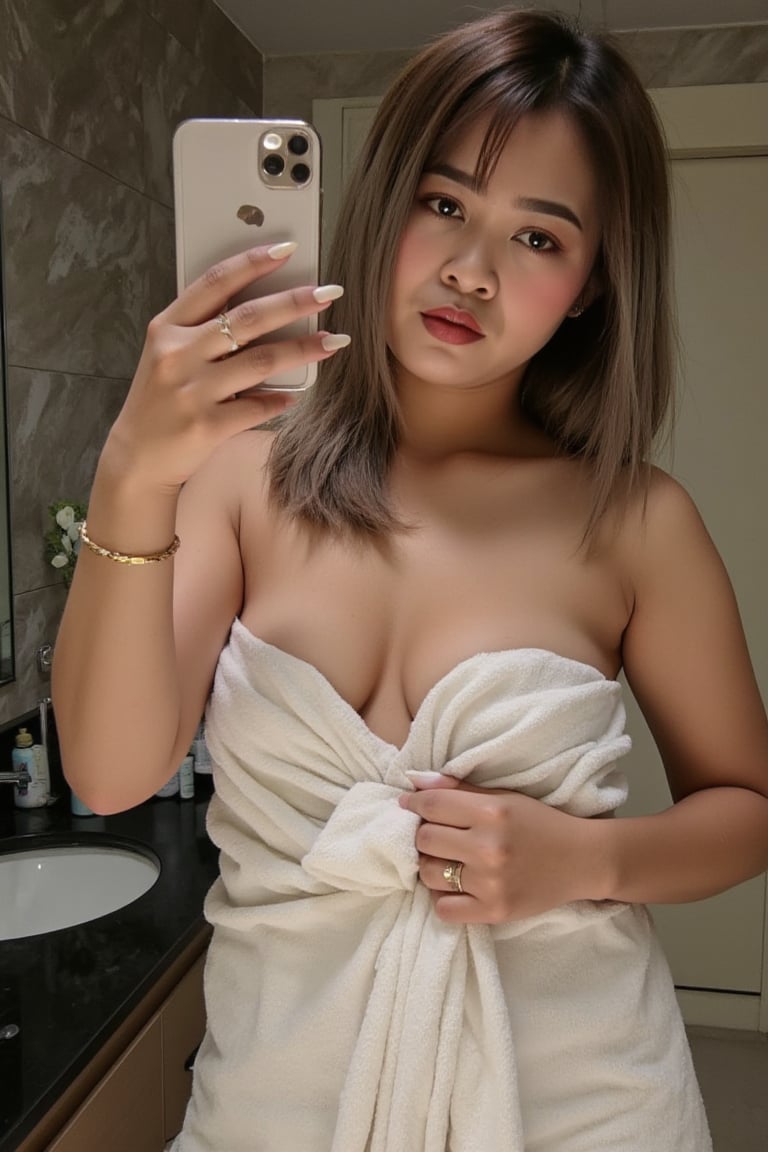 A hyper-realistic mirror selfie photograph of an adult woman,  zuya,  standing in a luxurious marble bathroom. She has a s...