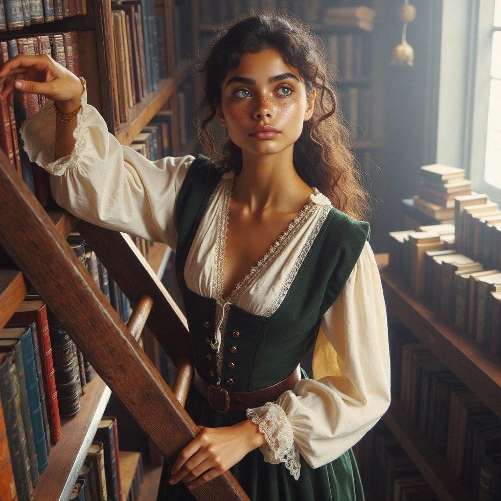 An image of a biracial woman with long curly hair tied up,  dusty green dress,  in a library by ConfusedPigeon on Tensor.Art