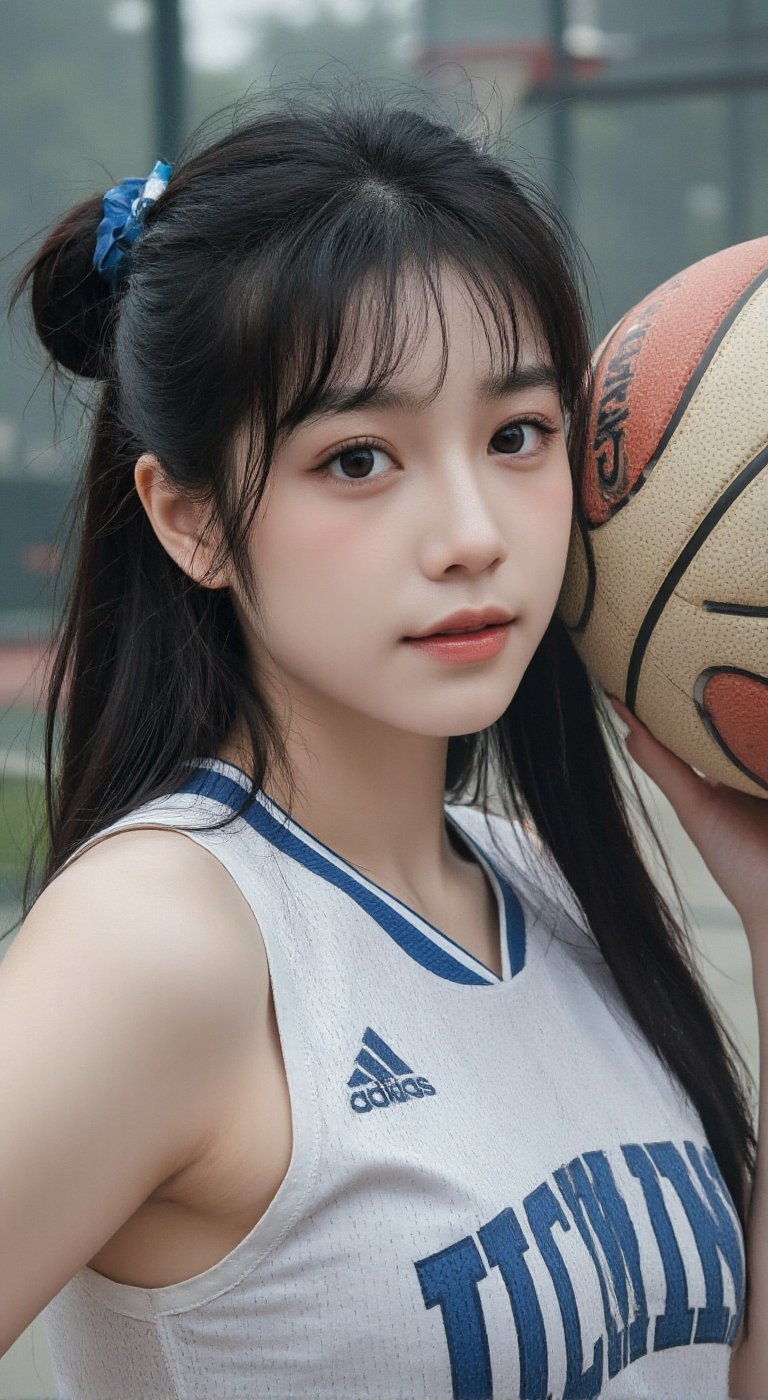 Character: a young Chinese woman playing basketball,  white blue sport suit,  Gazing at the camera with a soft by Photos f...
