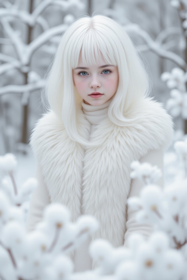 Ethereal Whispers: A mystical portrait of an 18-year-old albino girl,  capturing her in a scene where she wears fluffy,  e...