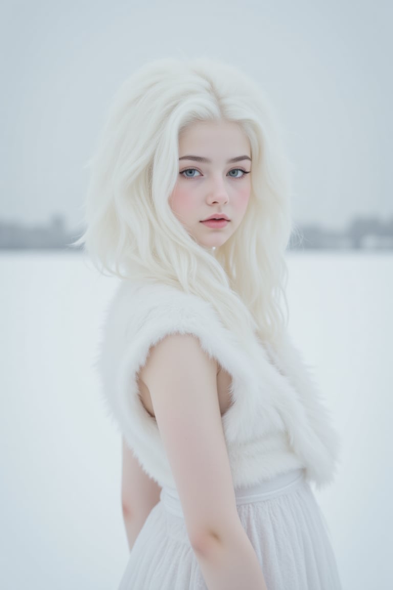 Ethereal Whispers: A mystical portrait of an 18-year-old albino girl with a narrow waist,  nice hips,  and a sexy ass. She...