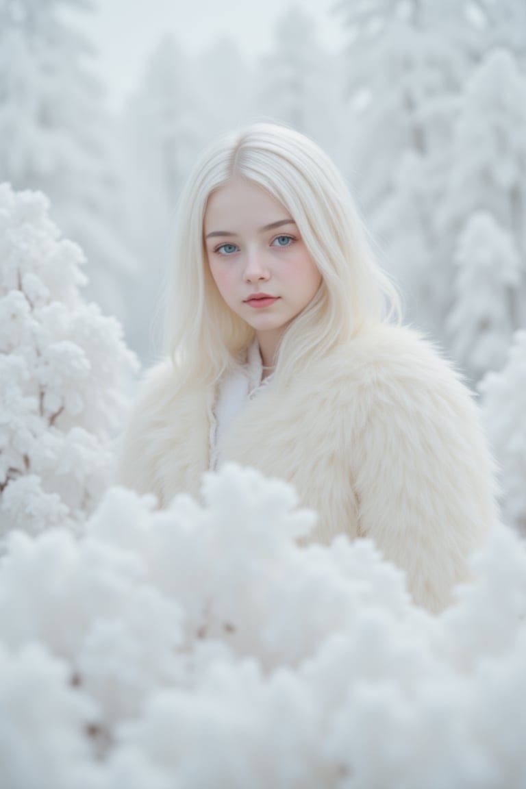 Ethereal Whispers: A mystical portrait of an 18-year-old albino girl. She wears fluffy,  ethereal clothing,  her pale skin...