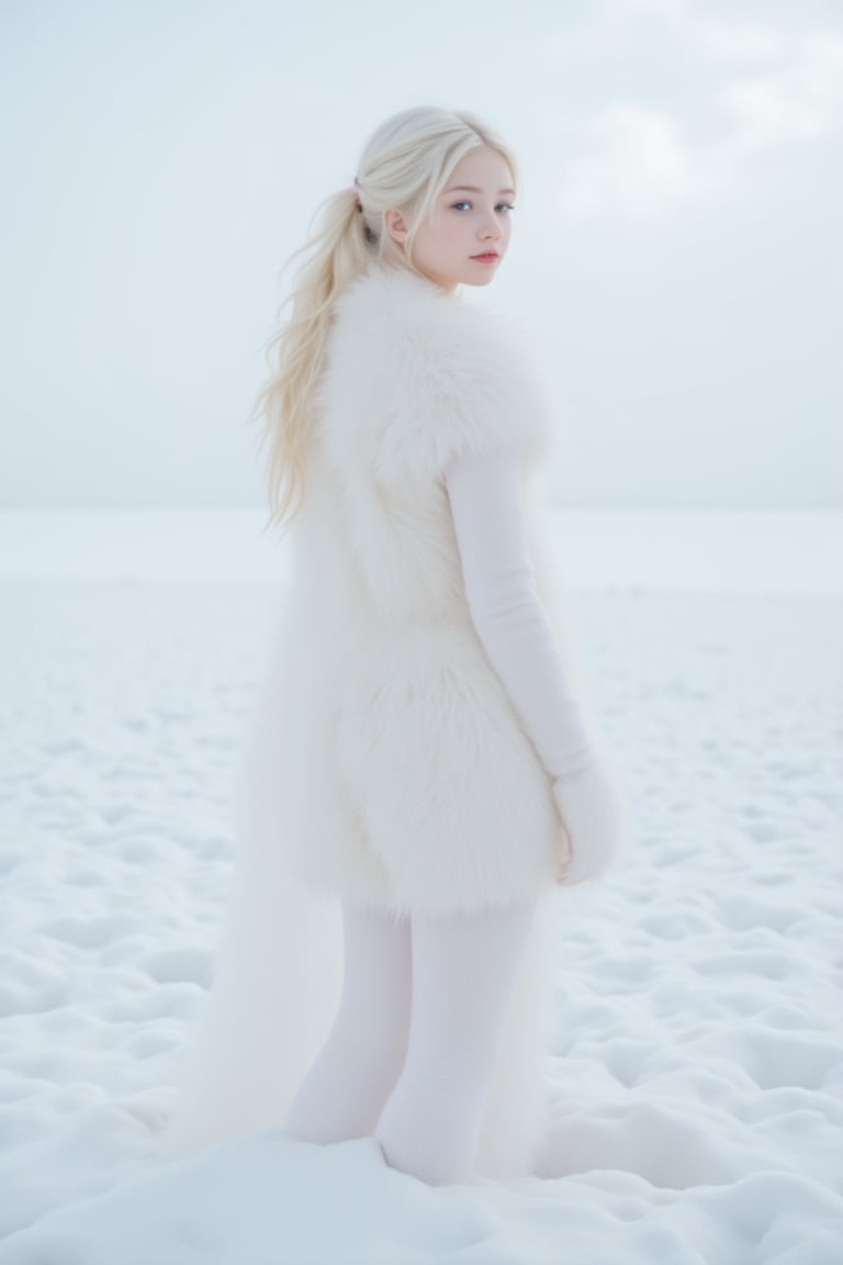 Ethereal Whispers: A mystical portrait of an 18-year-old albino girl with a narrow waist,  nice hips,  and a sexy ass. She...