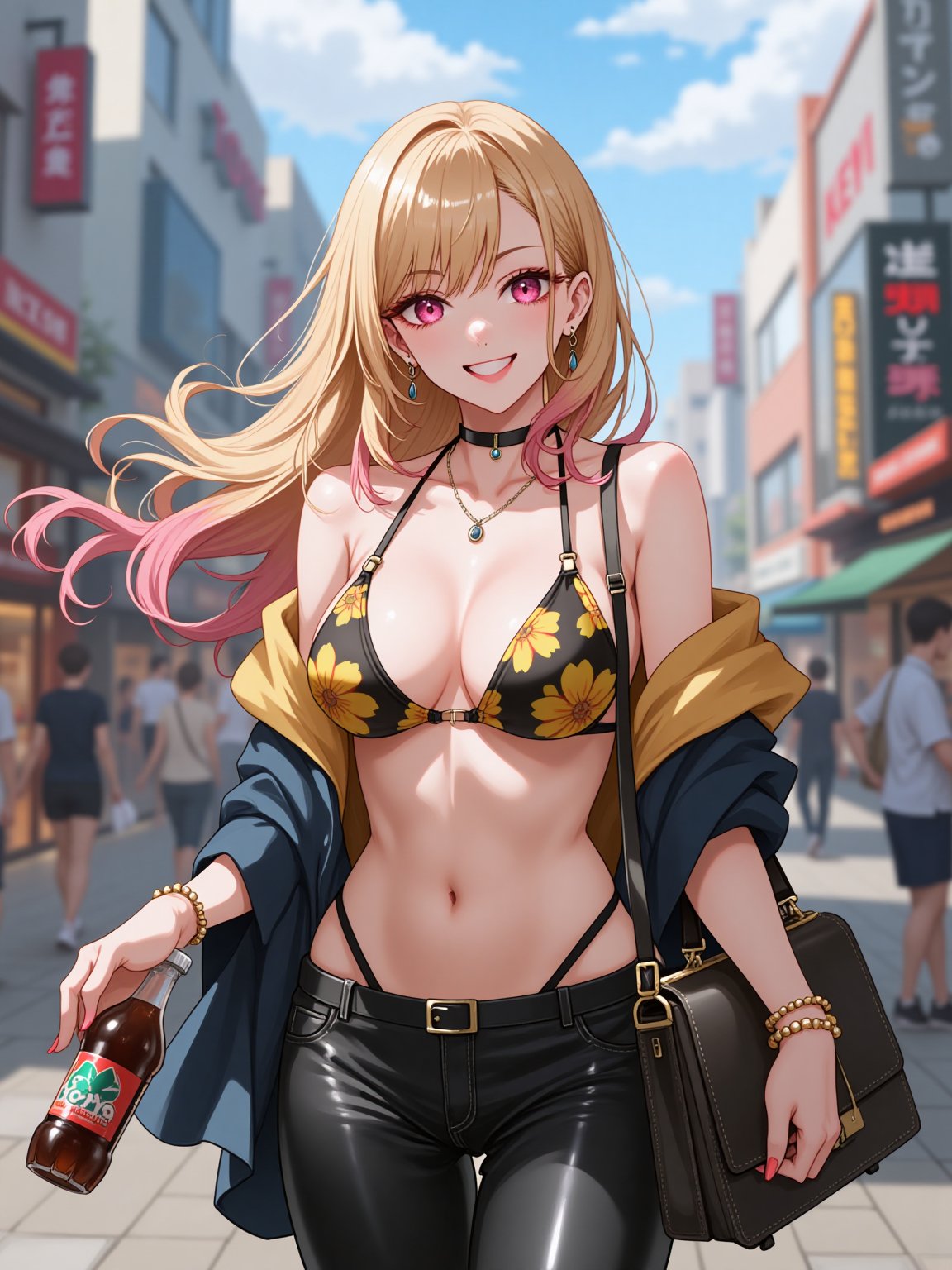 photorealistic,  realistic background at Tokyo street near a shopping mall,  a cool fashion girl marin with blonde and mul...