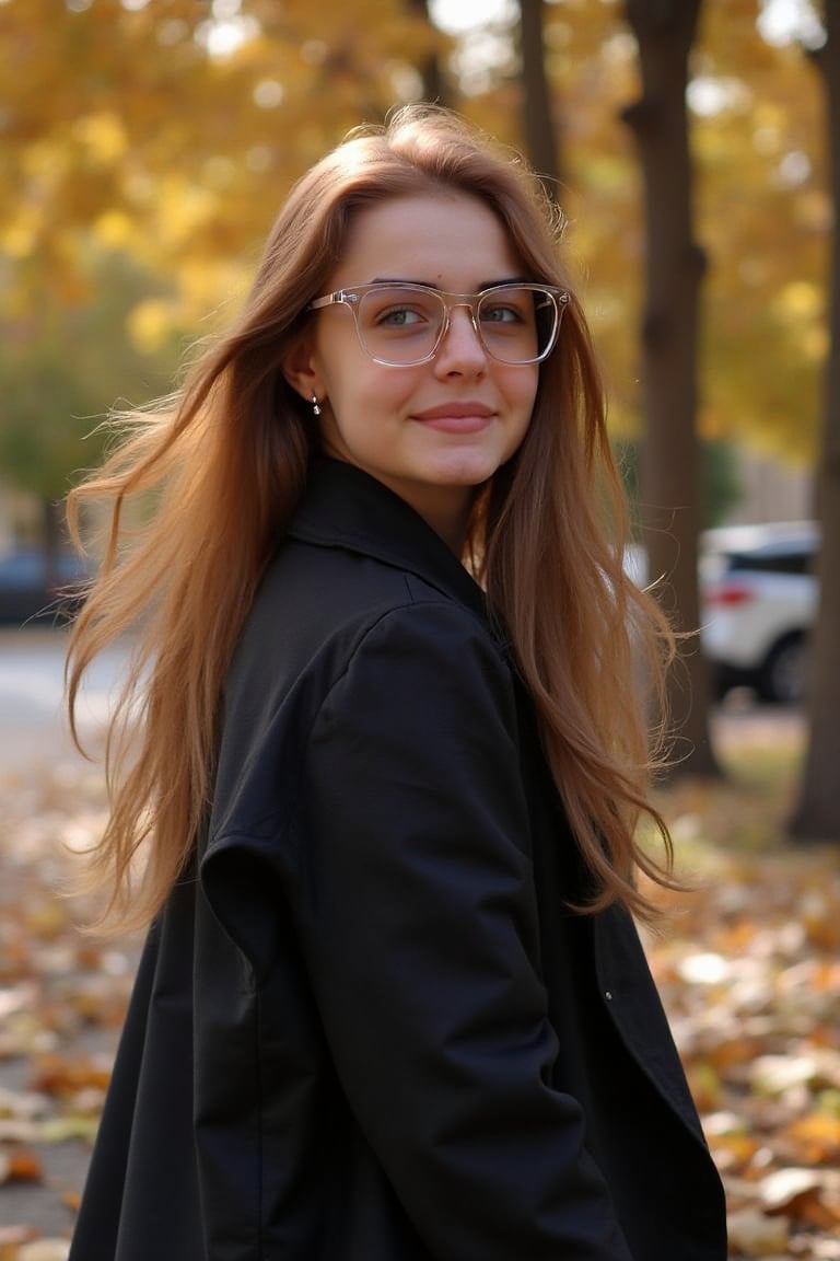 Capture a photorealistic outdoor scene of a charming woFLM1k4 in autumn. She has long,  fluttering brown hair and warm blu...