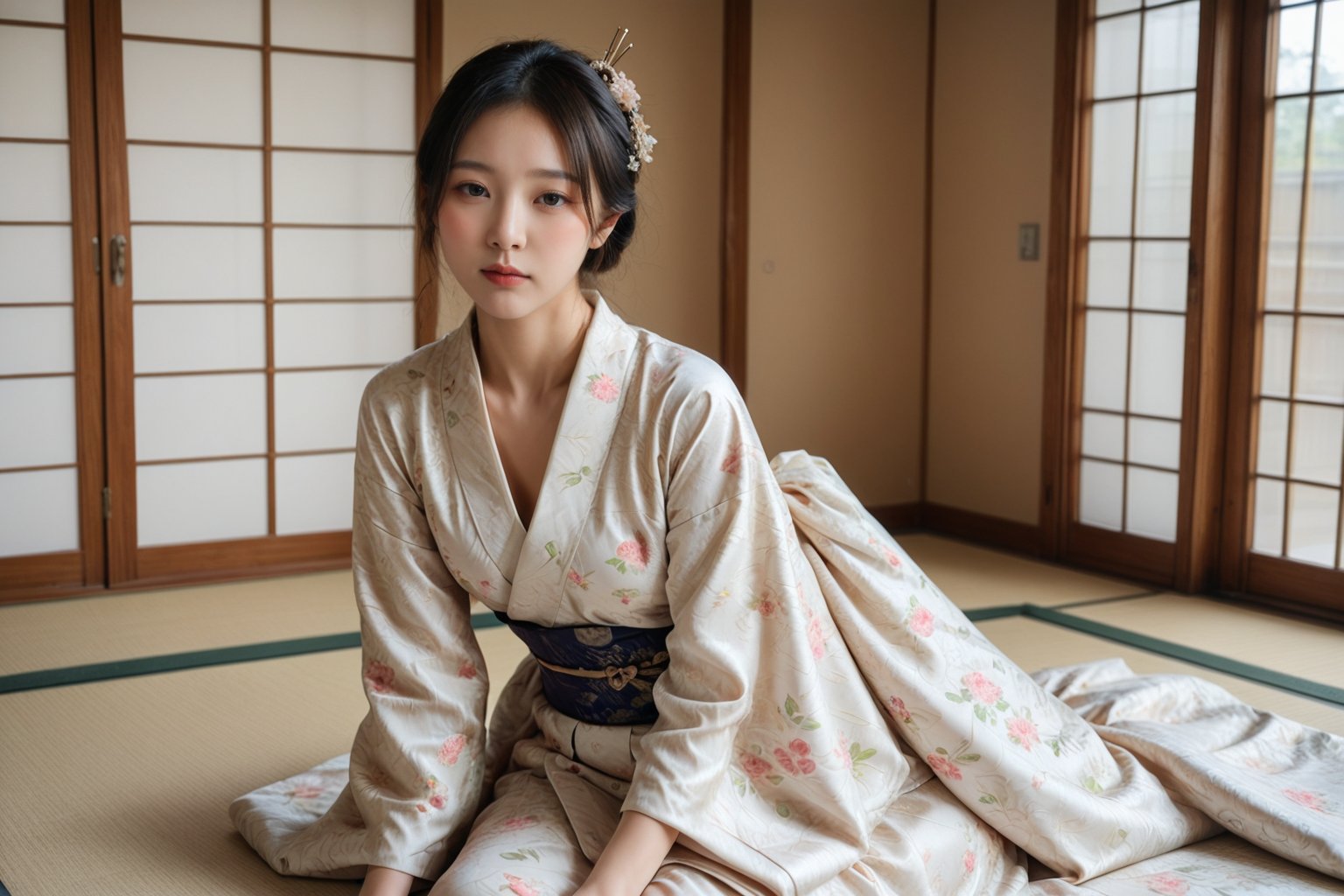 Beautiful young Japanese woman in a luxurious silk kimono,  sitting on a tatami mat inside a traditional tea room with sho...