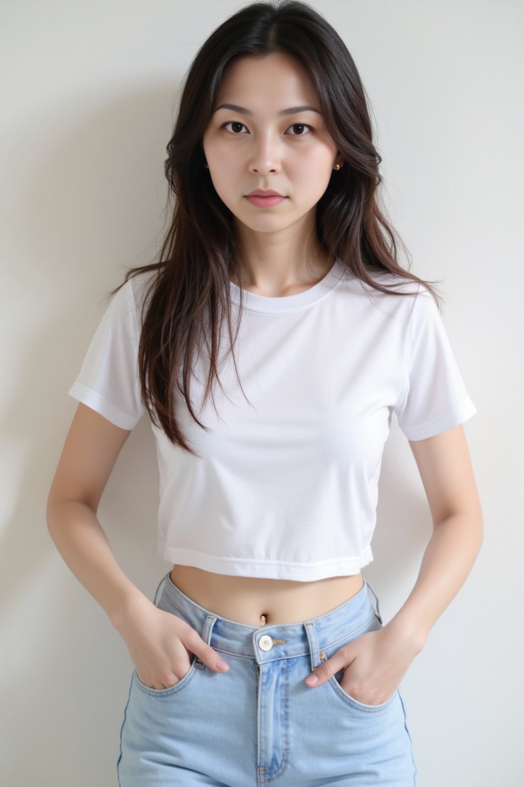 The image depicts a young woman with long,  dark hair and large,  expressive eyes. She is wearing a white t-shirt and ligh...