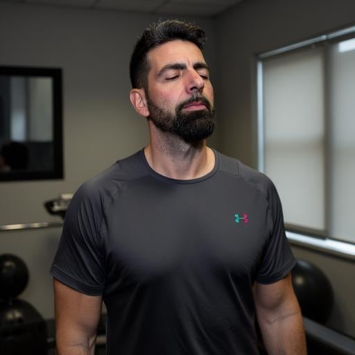 breathable fabric suitable for exercise. His eyes are closed,  AKBOSS. This photograph captures a man standing in a gym se...