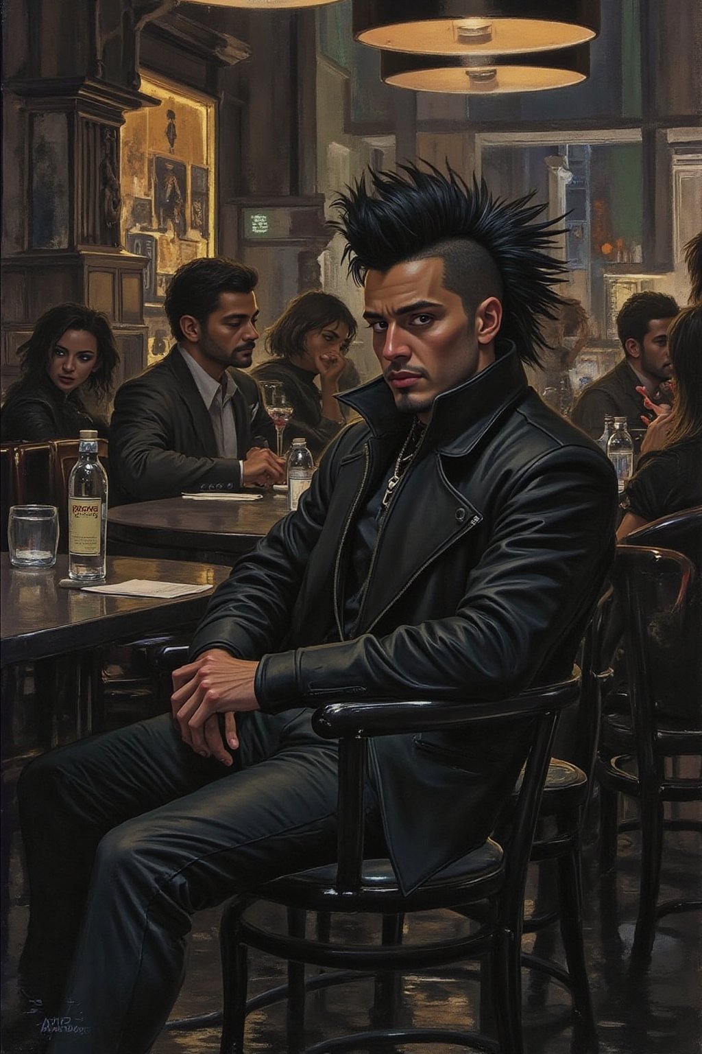 sydme1 painting a black-haired man is seated in a dimly-lit restaurant. He is dressed in a dark-colored jacket and pants,...