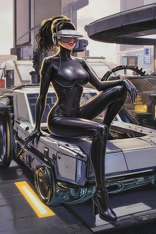 sydme1 painting A striking,  futuristic scene depicts a woman dressed in sleek,  form-fitting leather attire by NowhereMan...