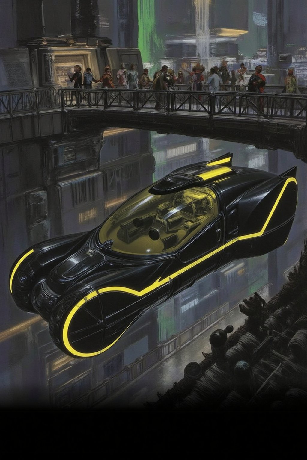 sydme1 painting of a black spinner flying car,  with a yellow stripe running down its side. The cockpit of the spinner is...