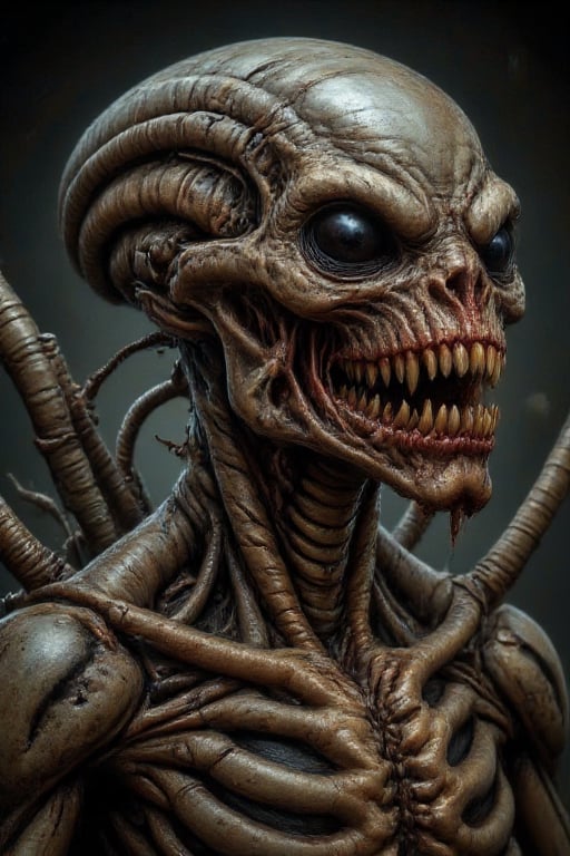 The image depicts a scary biomechanical mutant alien monster,  true horror,  animorphic by user_810564494869794030 on Tens...