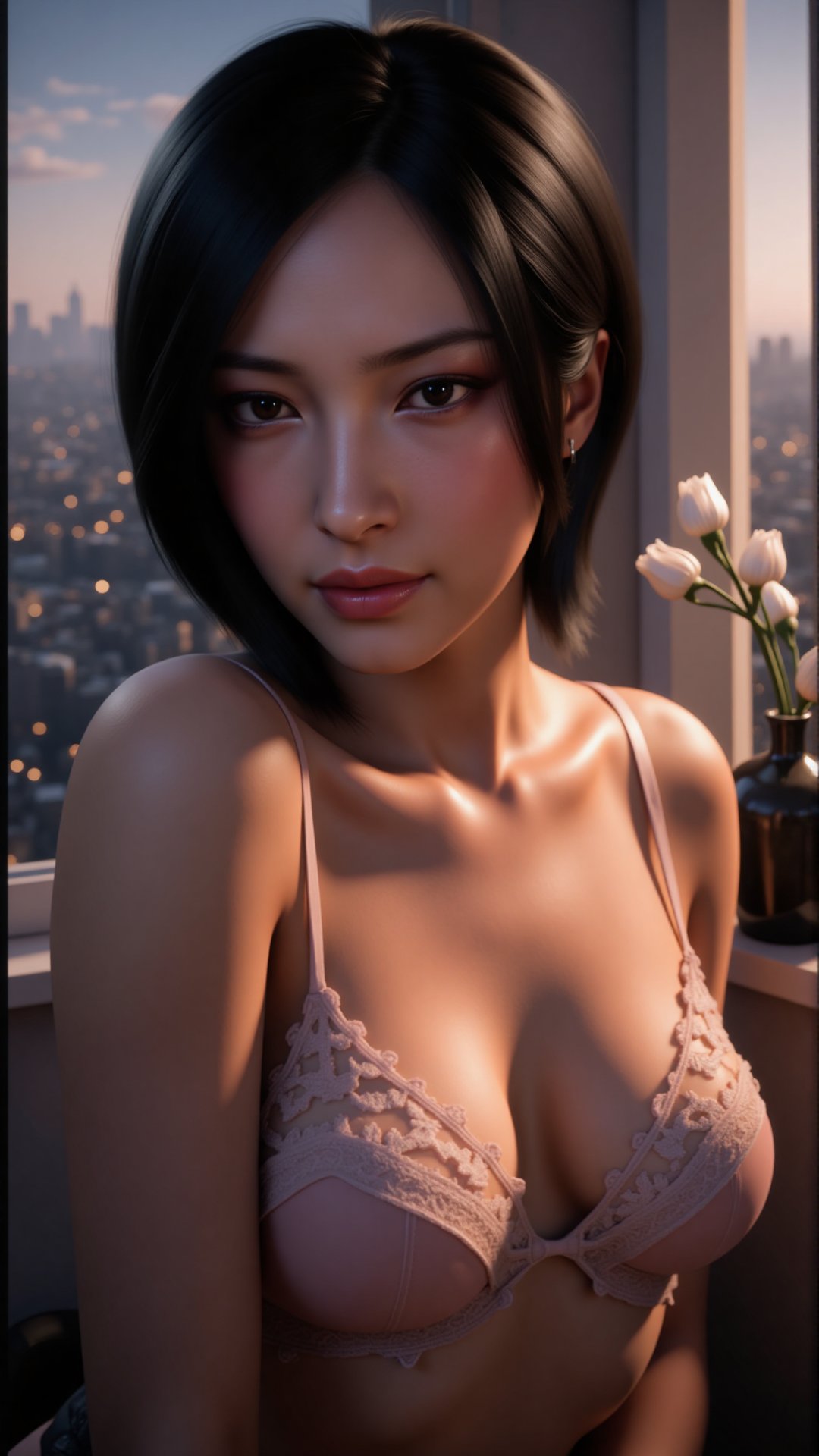 Create a hyper-realistic digital portrait of a young woman adawong,  shiny black hair in a bob style,  her facial expressi...