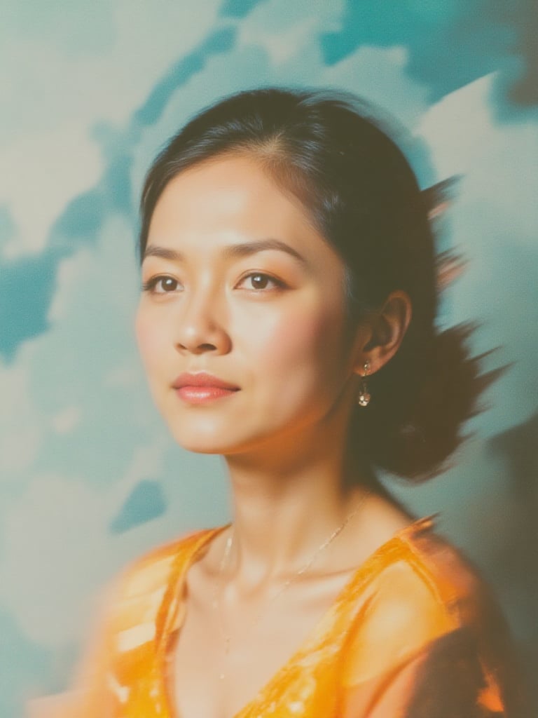 A blurry portrait of a middle-aged woman,  her gaze wistfully directed into the distance. Use a palette of warm orange-yel...