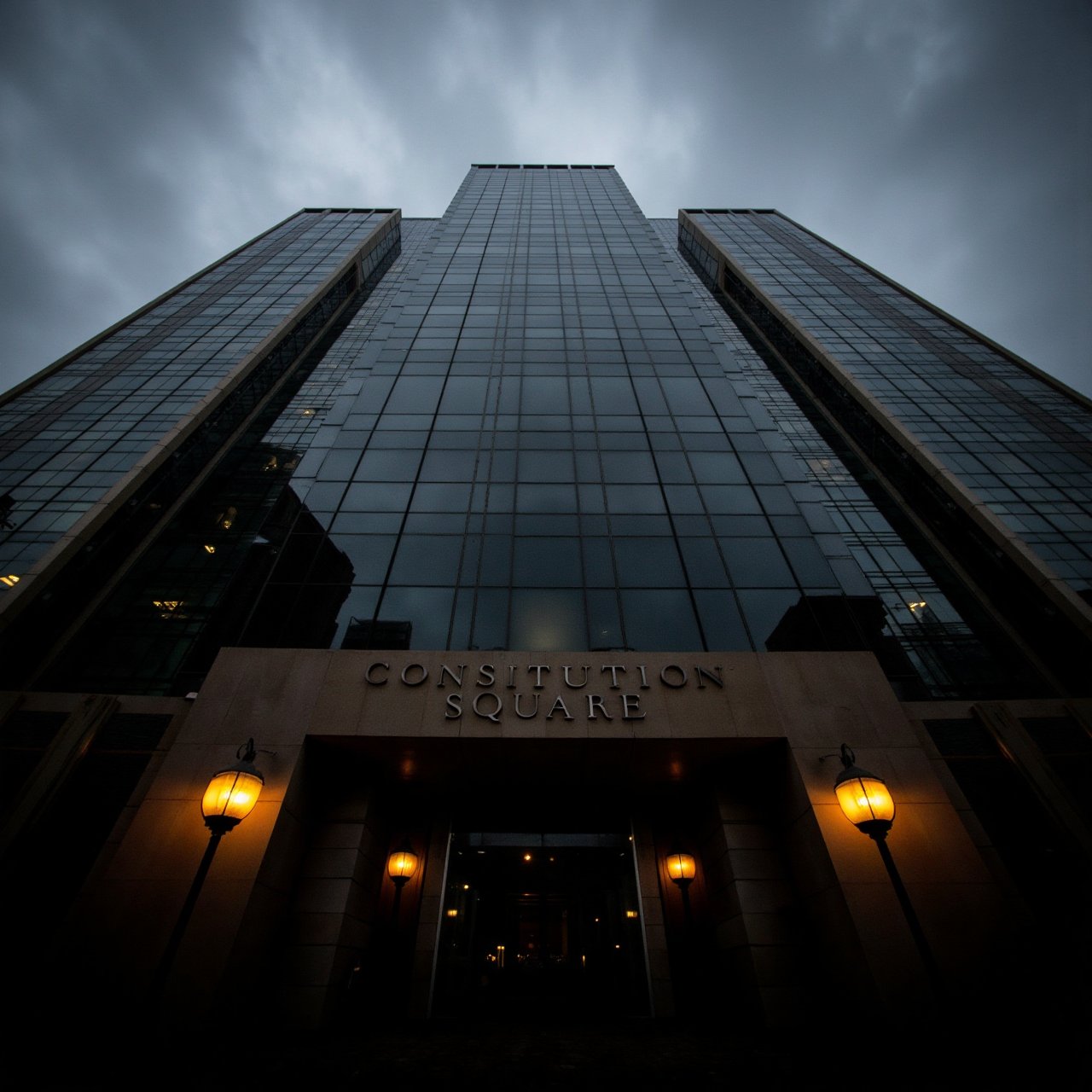 maxdark,  A low-angle perspective looks up at the tiered,  glass-clad facade of Constitution Square by Rebellion A.I. on T...