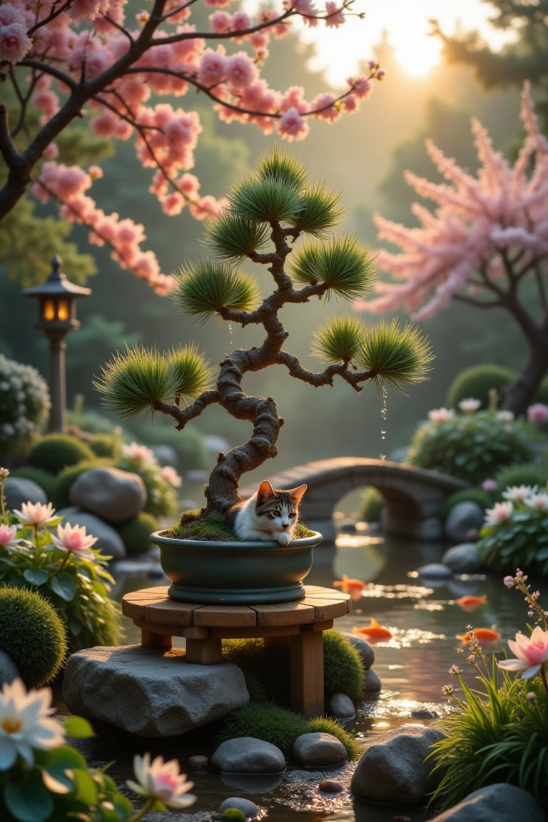 A serene Japanese garden at sunrise,  focus on an ancient pine bonsai tree with twisted trunk covered in morning dew,  pla...