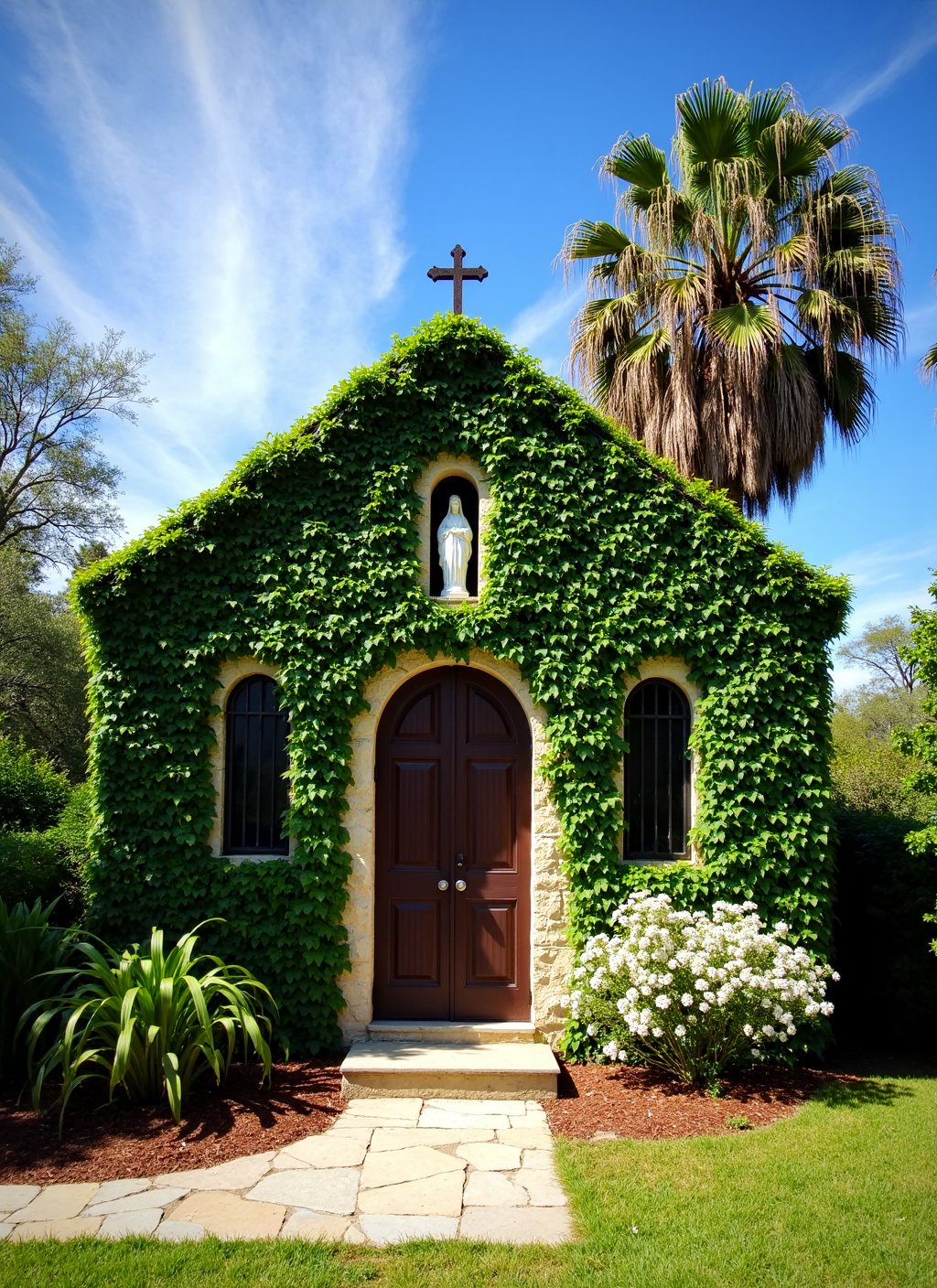 This is a picturesque,  sunlit photograph of a charming,  ivy-covered chapel or small church nestled in a lush by el_flupp...