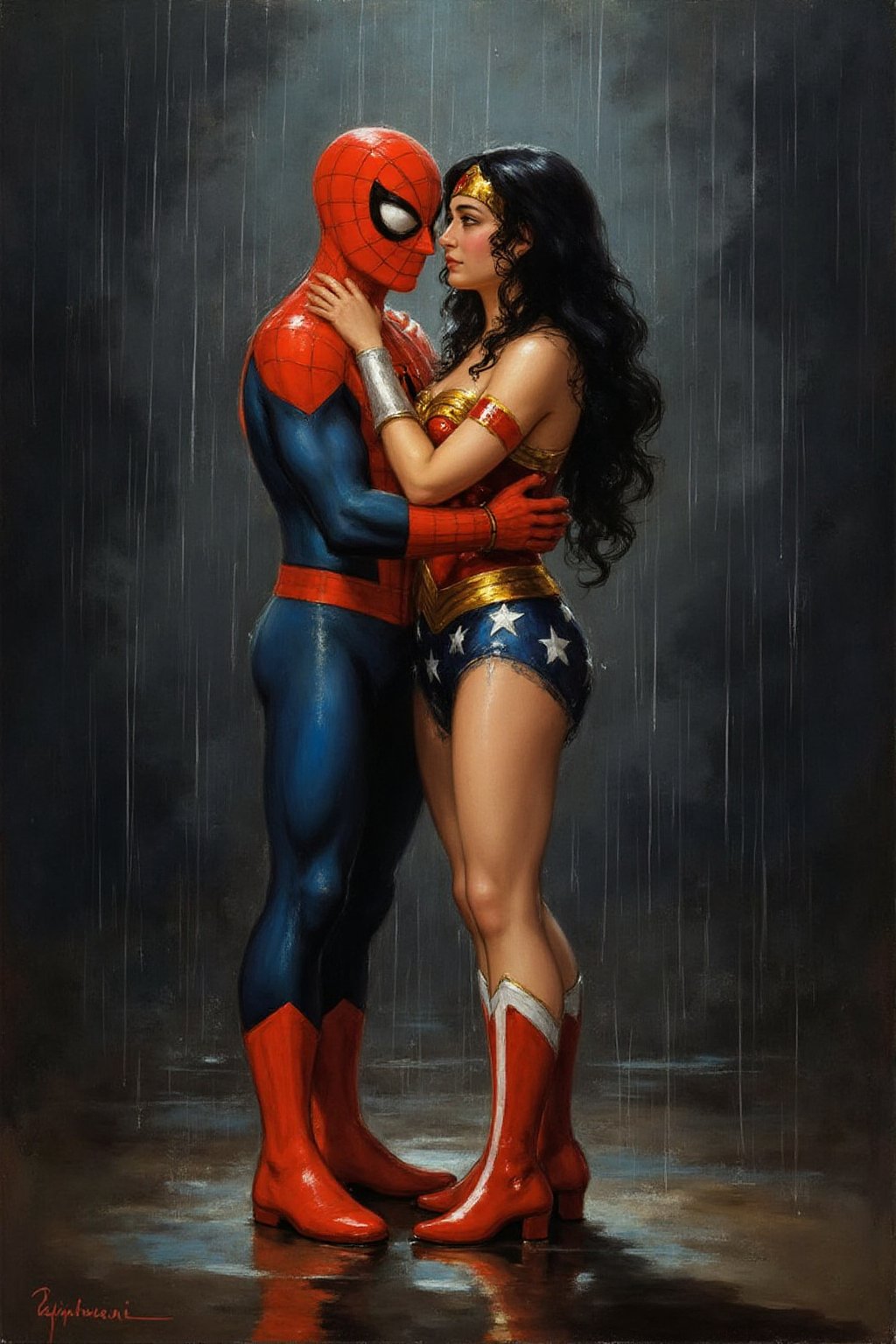 g0ya1 painting Spider-man and Wonder Woman embracing in the rain by NowhereManGo on Tensor.Art