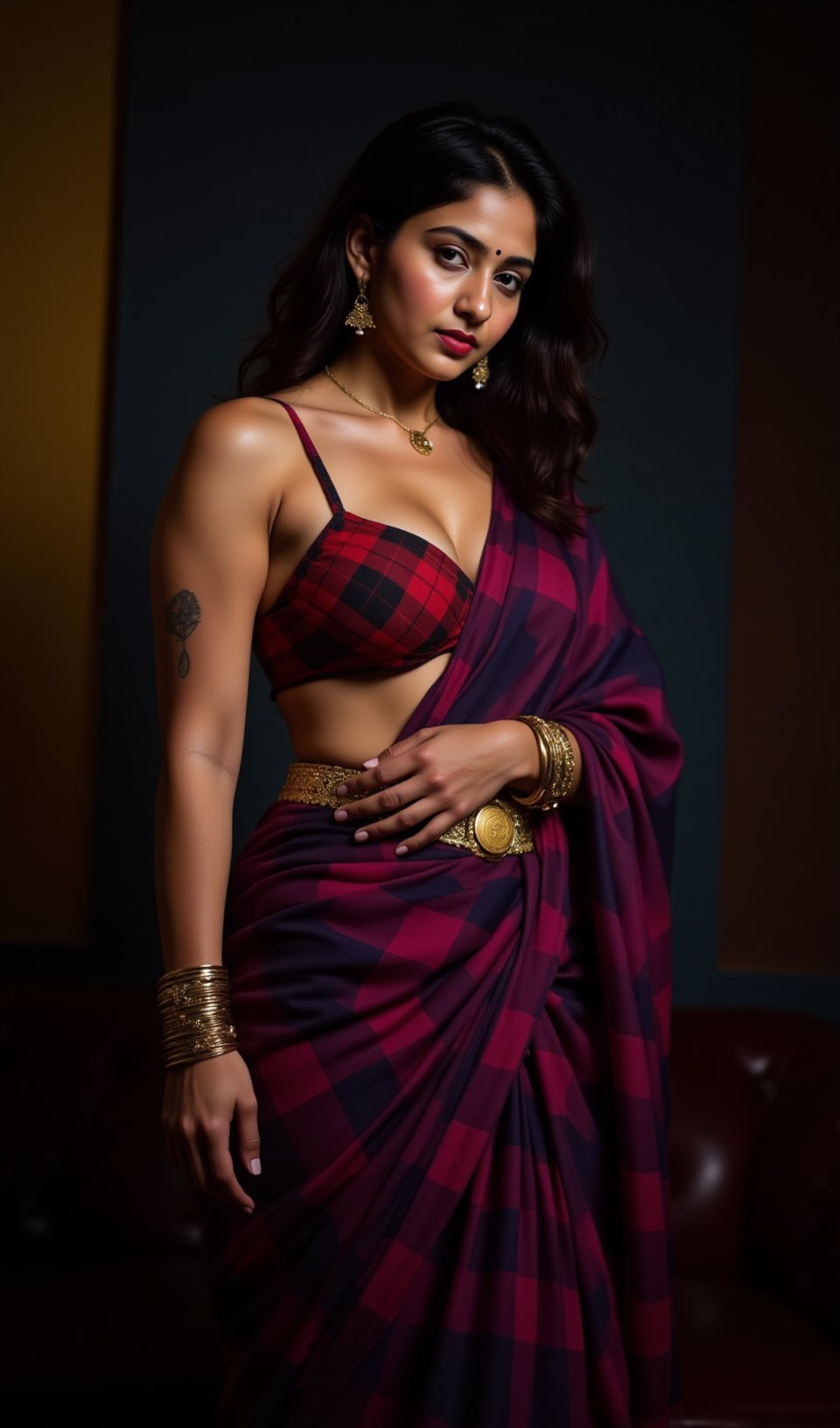 A young woman of South Indian ethnicity,  positioned slightly off-center to the left of the frame,  is draped in a purple...