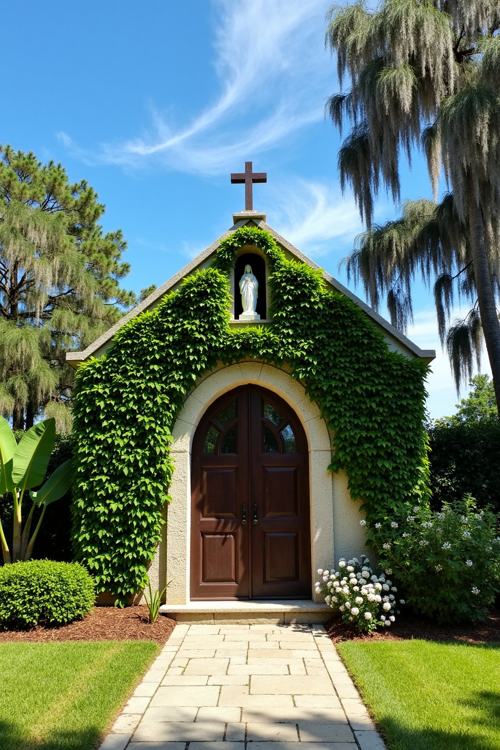 This is a picturesque,  sunlit photograph of a charming,  ivy-covered chapel or small church nestled in a lush by el_flupp...