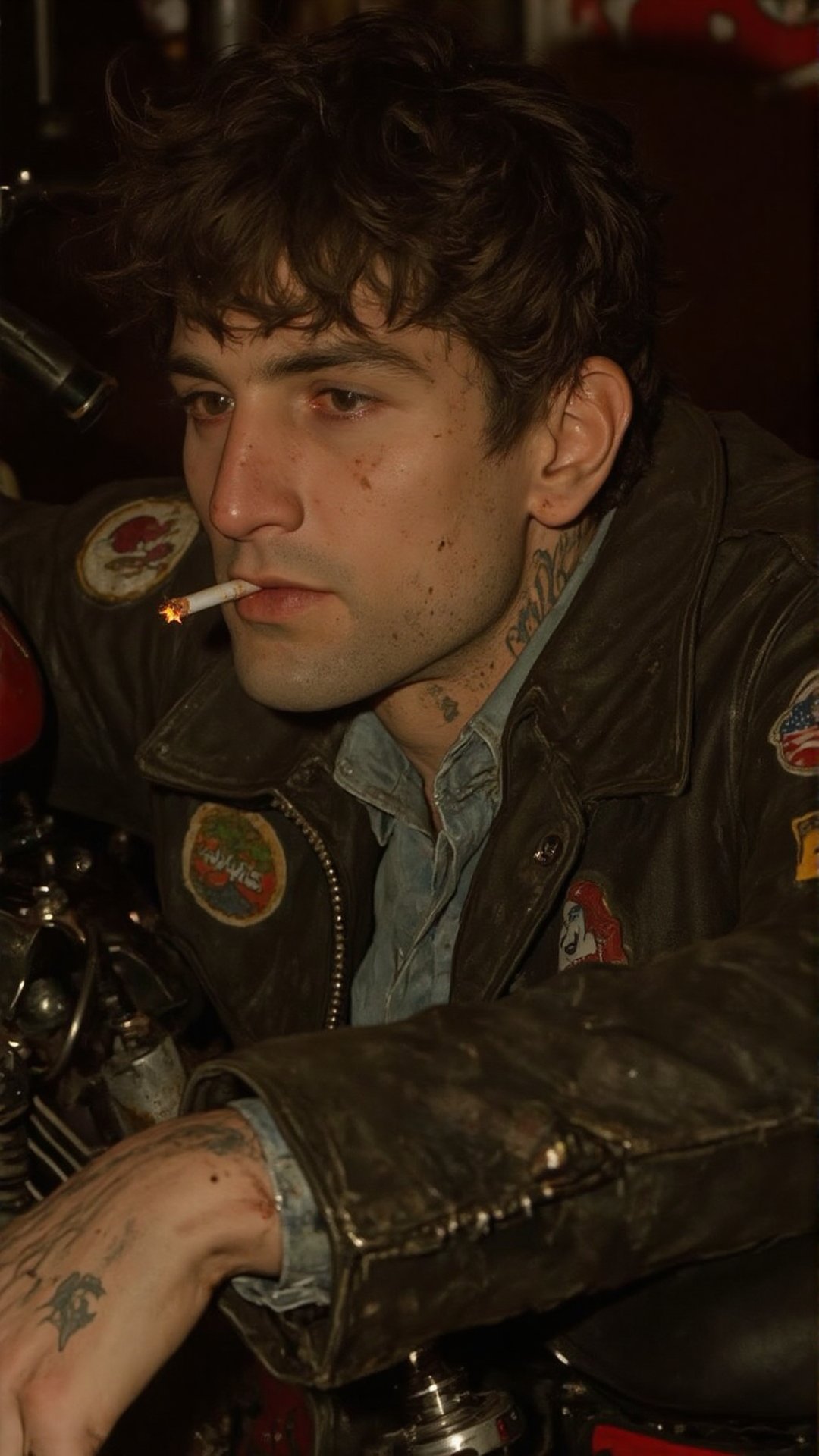 A gritty,  cinematic portrait of a rugged,  tired biker leaning against his motorcycle by FINNNNNNNNNN on Tensor.Art