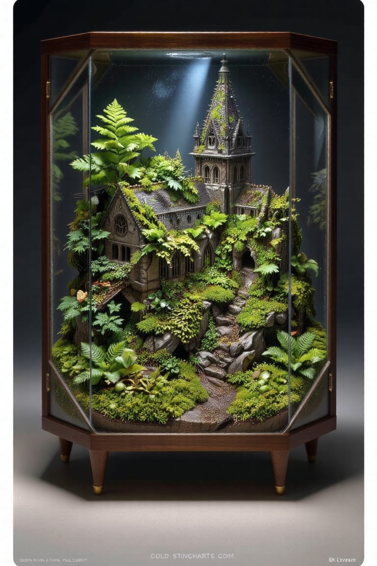 A hyper-realistic,  cinematic macro shot of a bespoke midcentury modern terrarium cabinet,  crafted from polished teak woo...