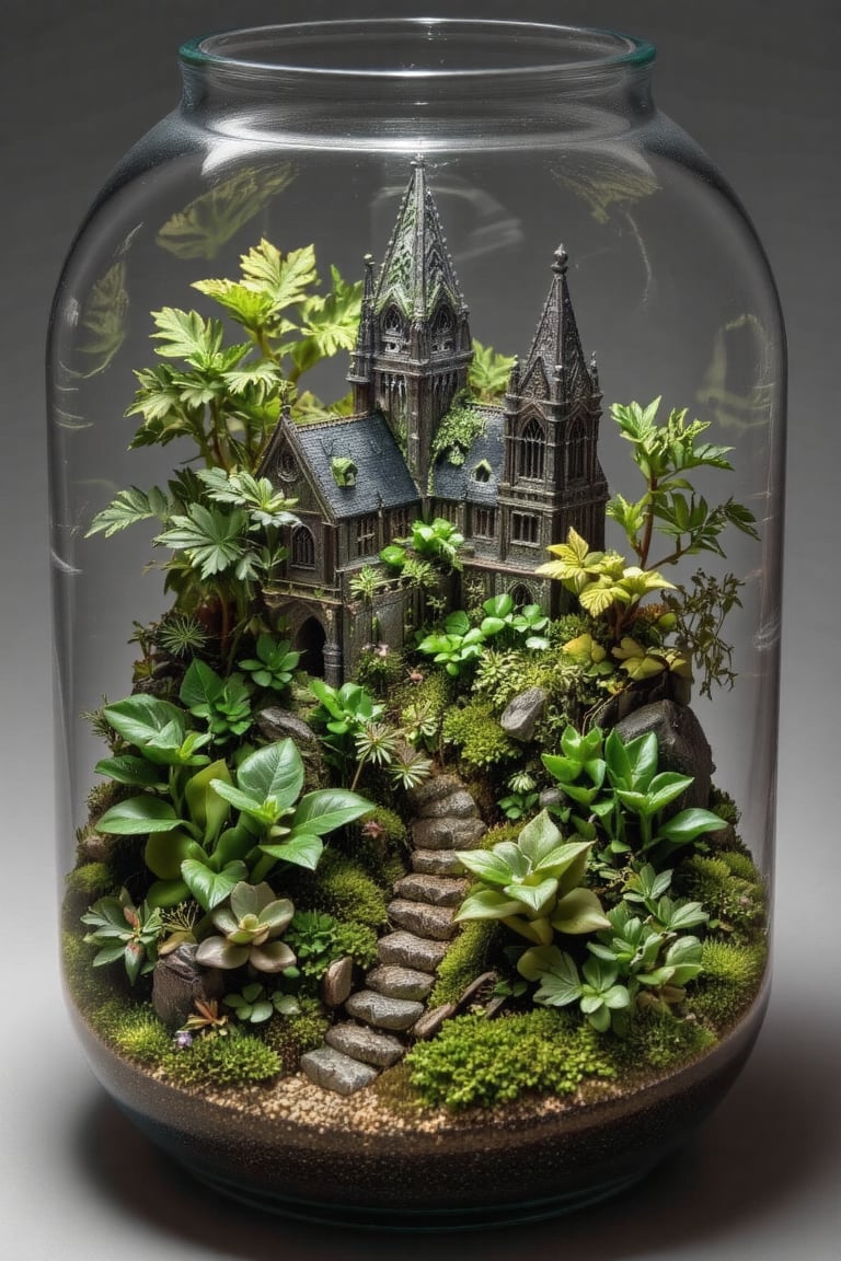 Create a midcentury terrarium where the glass container is filled with a Gothic cathedral miniature,  bathed in the dim,...