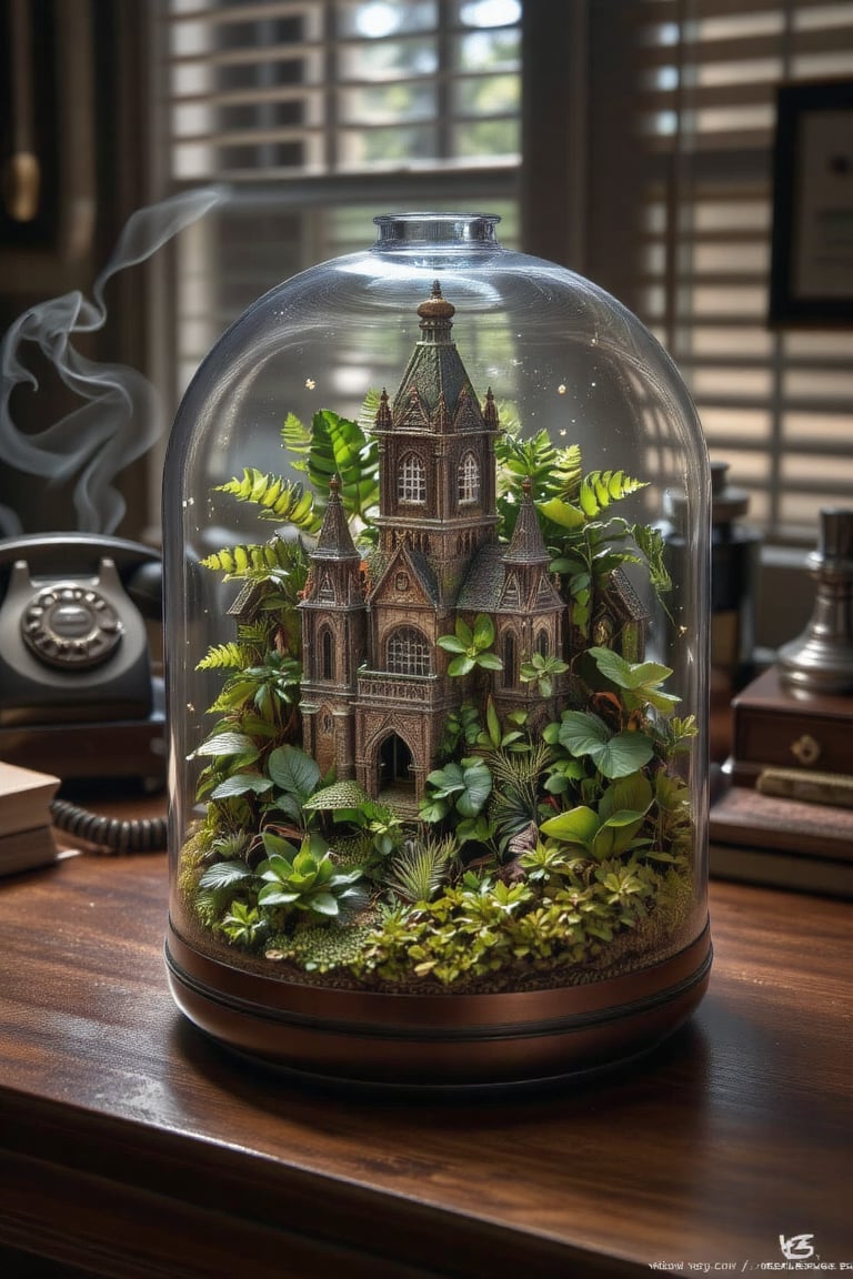 A stunning macro close-up of a unique terrarium sitting on a polished walnut executive desk. The terrarium is a miniature...