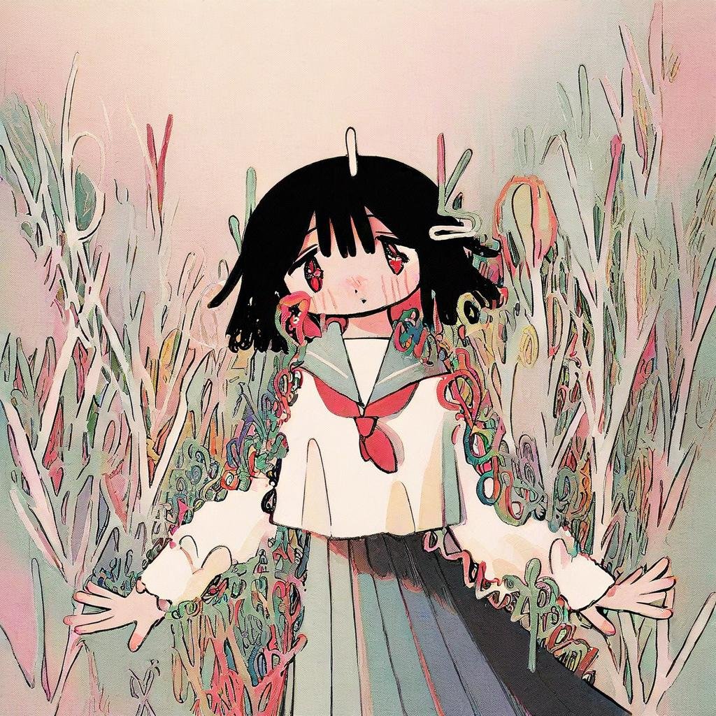 characterized by a white blouse with a red collar and a red tie. The background features a lush,  blending into the overal...