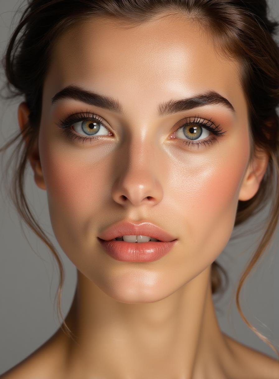 Professional close-up portrait of a gorgeous female face captured with professional studio lighting. Her skin is smooth an...