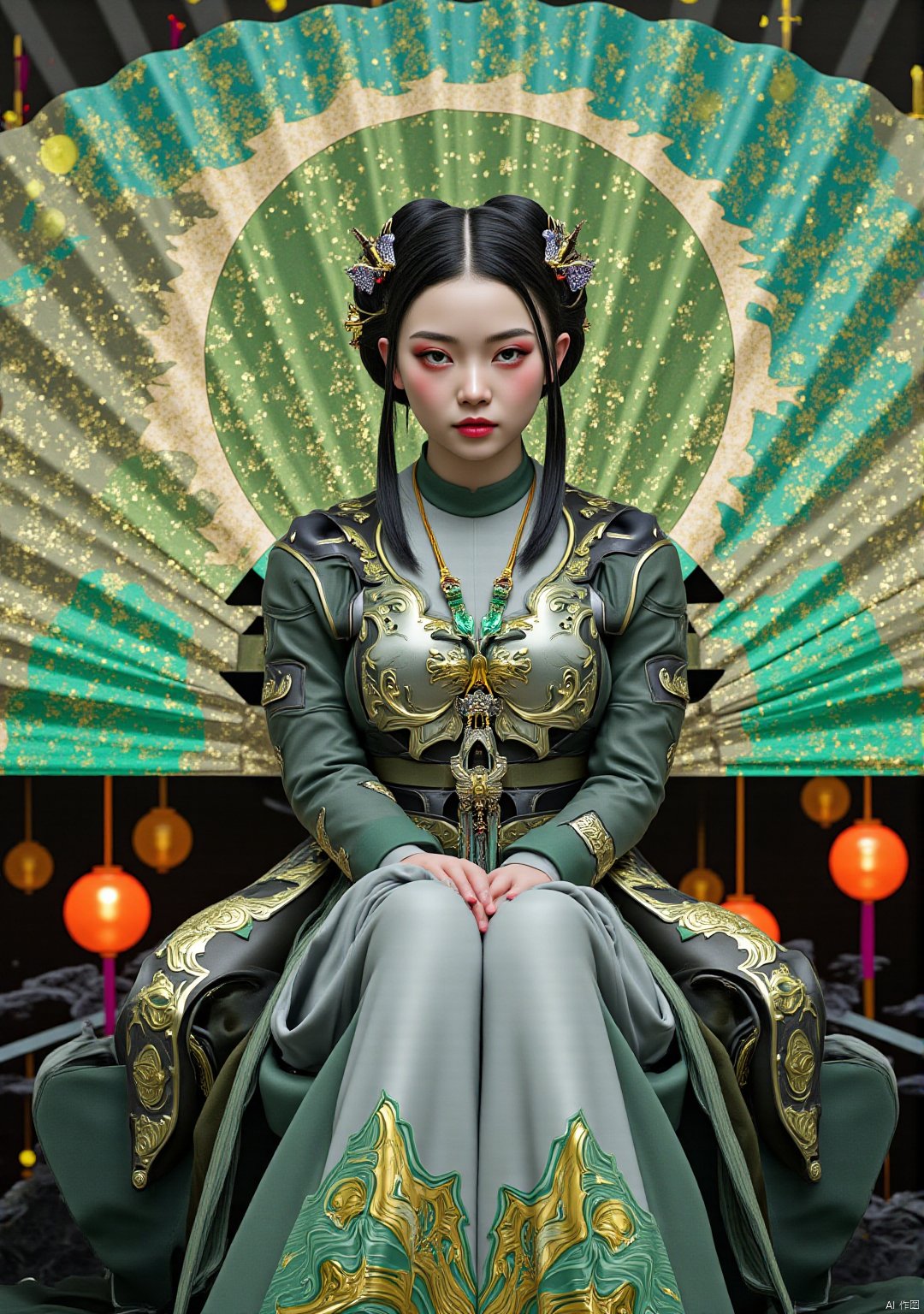 Lu Xueqi's portrait,  Chinese anime style,  sitting on the giant folding fan of the holographic projection structure by Ti...