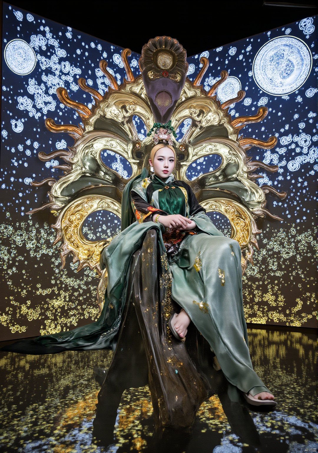 Lu Xueqi's portrait,  Chinese anime style,  sitting on the giant folding fan of the holographic projection structure by Ti...
